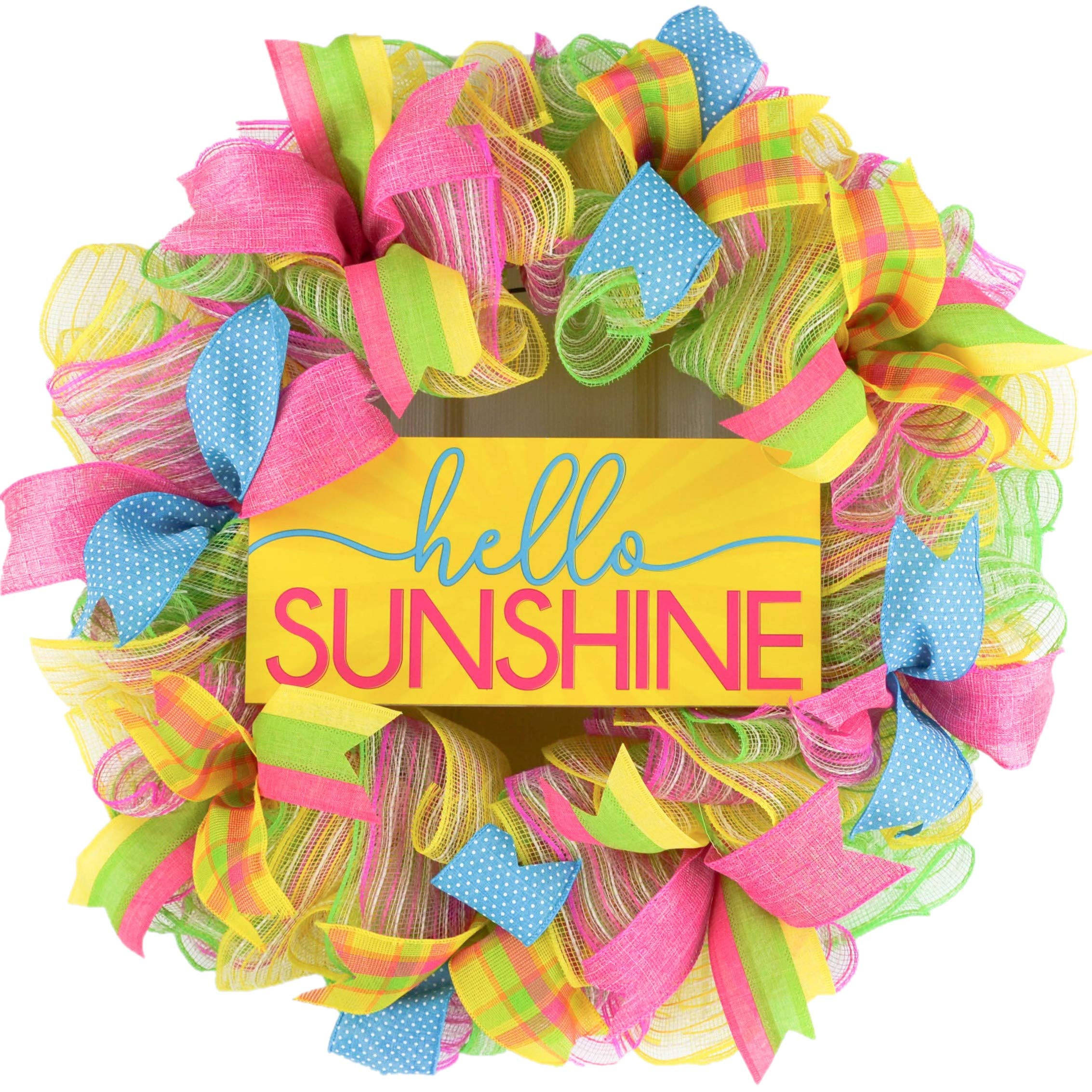 Hello Sunshine Summer Spring Welcome Door Wreath front view on door