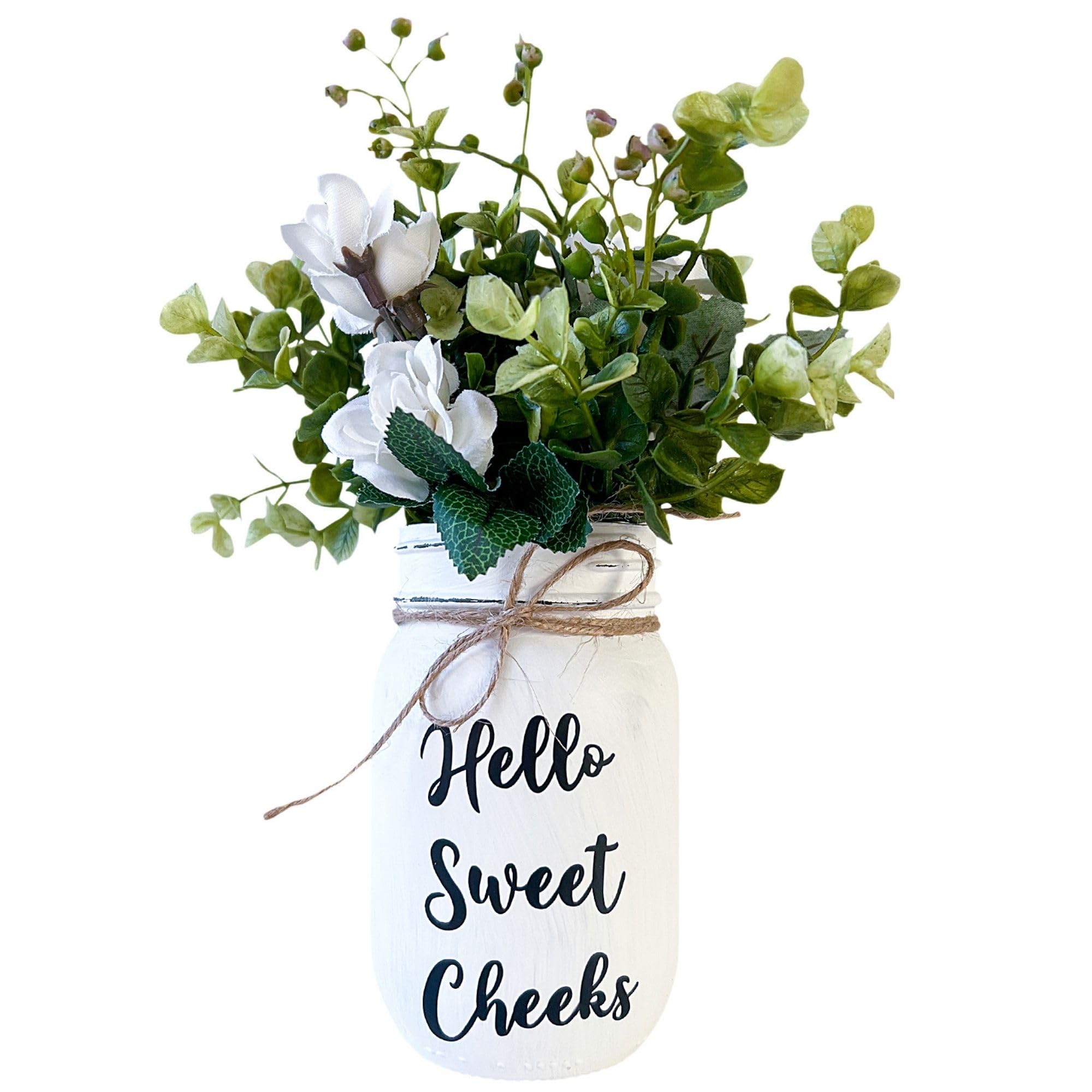 Hello Sweet Cheeks bathroom decor jar with faux greenery