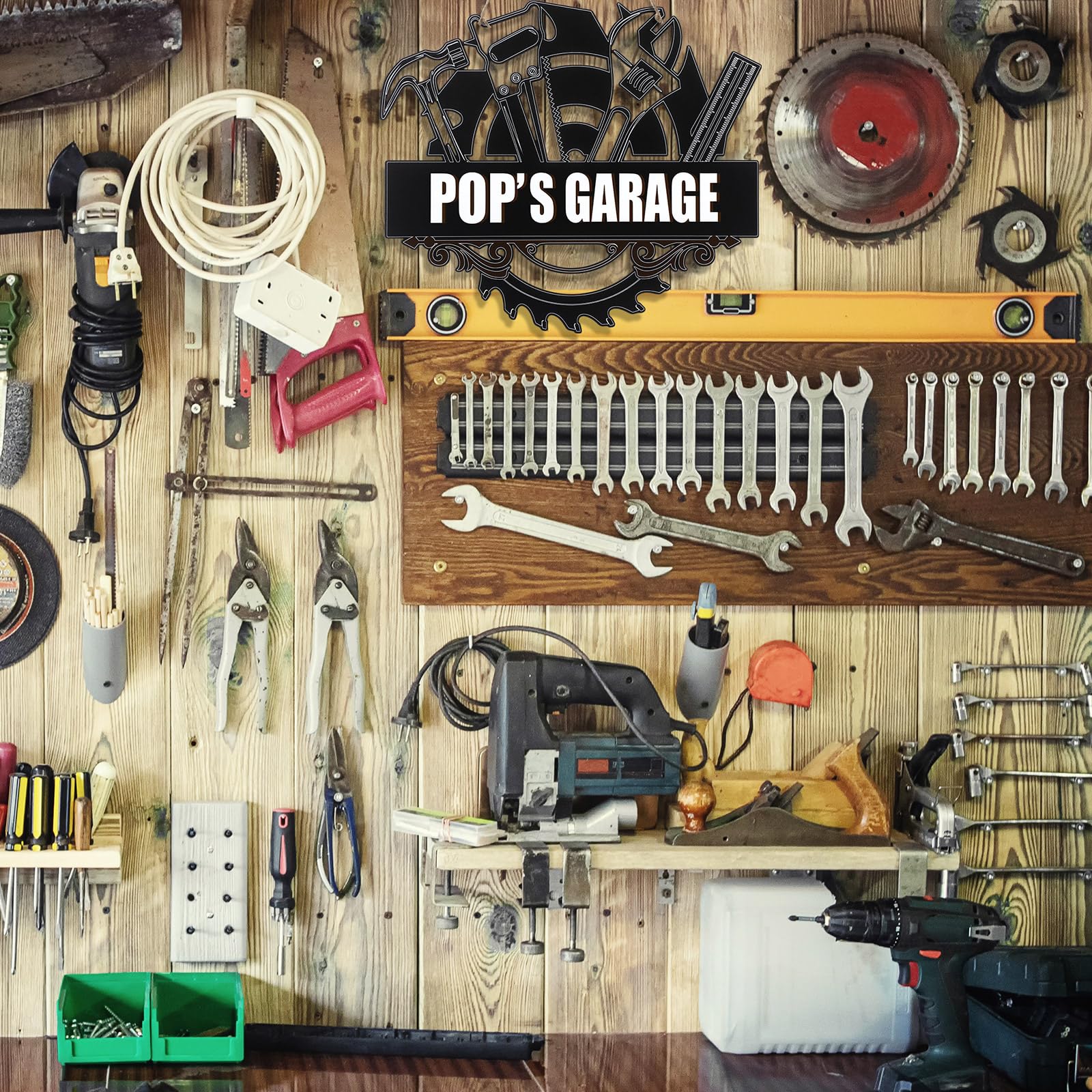 Garage workshop decor sign with saw blade motif