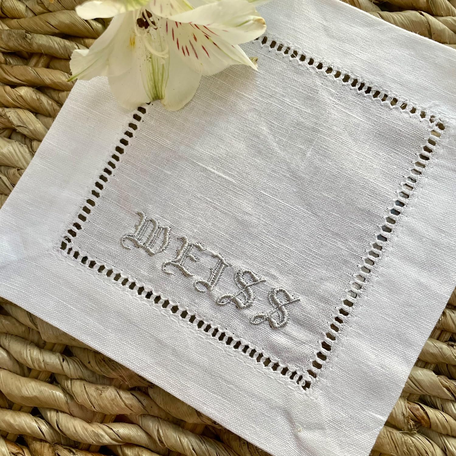 Hemstitched linen cotton napkins close up