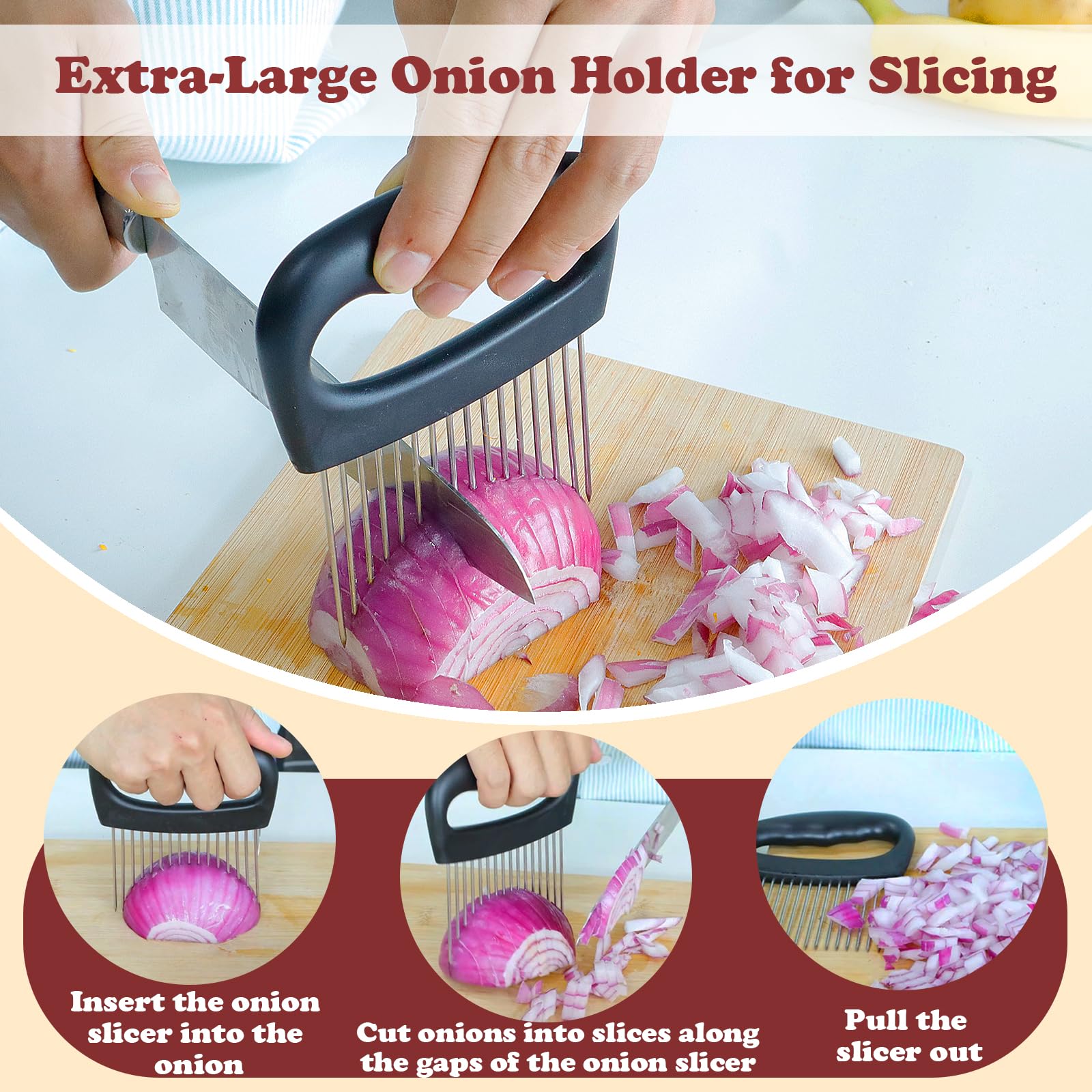 Hendiy stainless steel onion cutter and Hand Guide in use