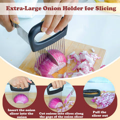 Hendiy stainless steel onion cutter and Hand Guide in use