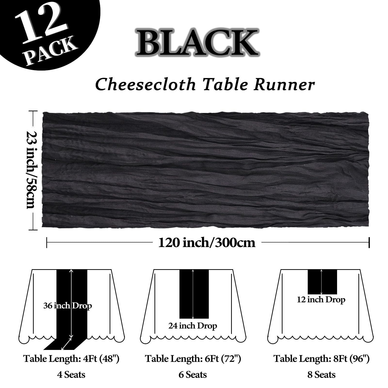 Heneger 12 pack black cheesecloth table runner 23x120 inch