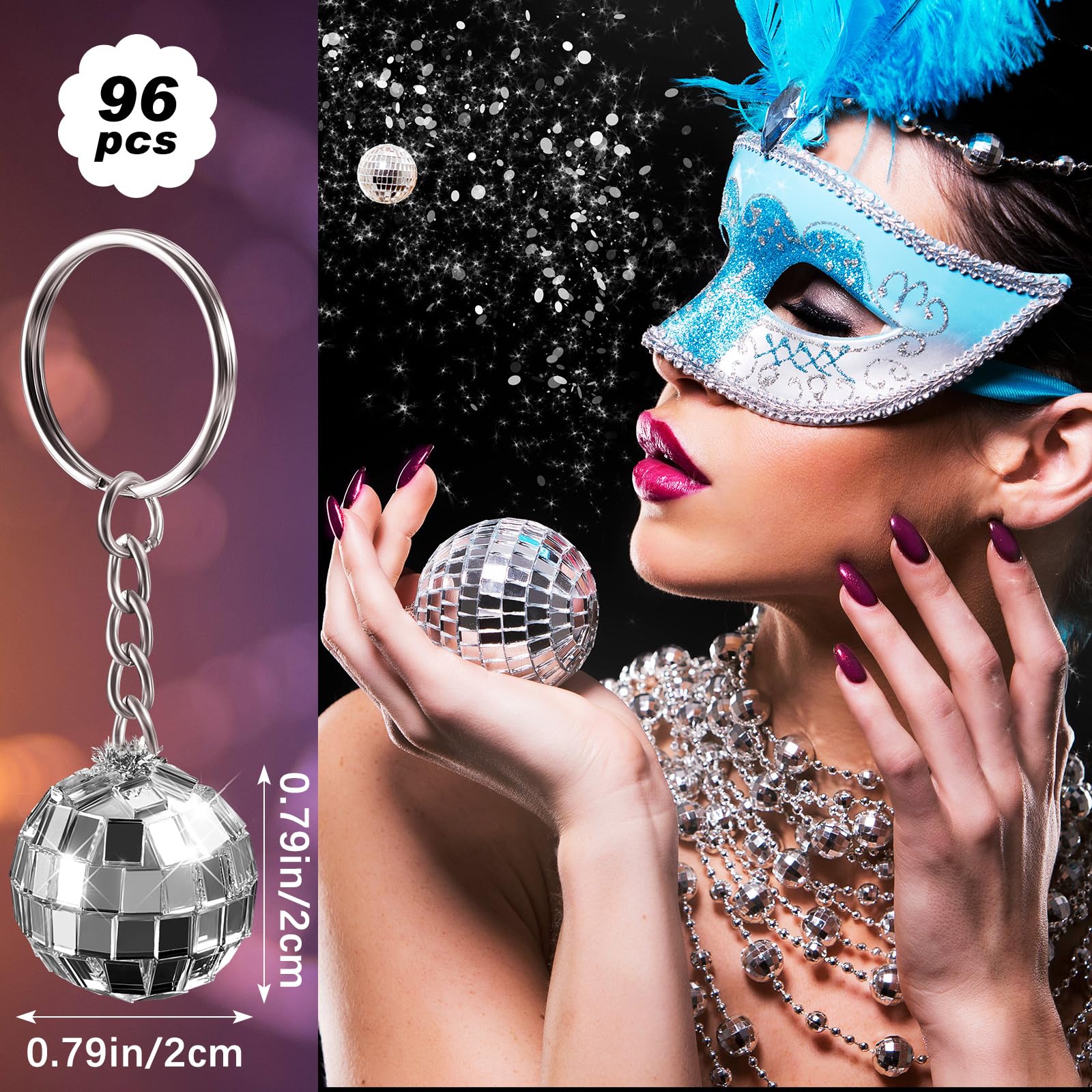 Silver mirror disco ball keychain close up 0.8 inch diameter