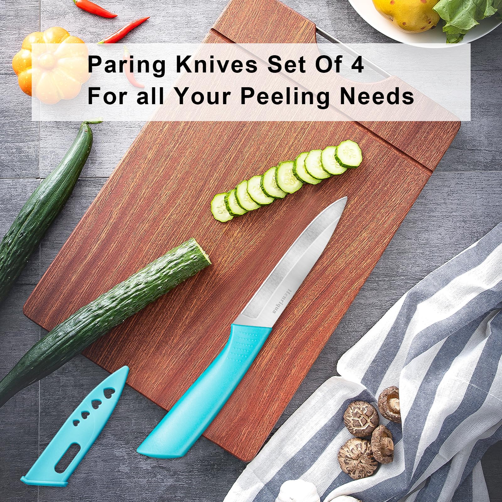 Henriqua paring knife set of 4 green handle with cover
