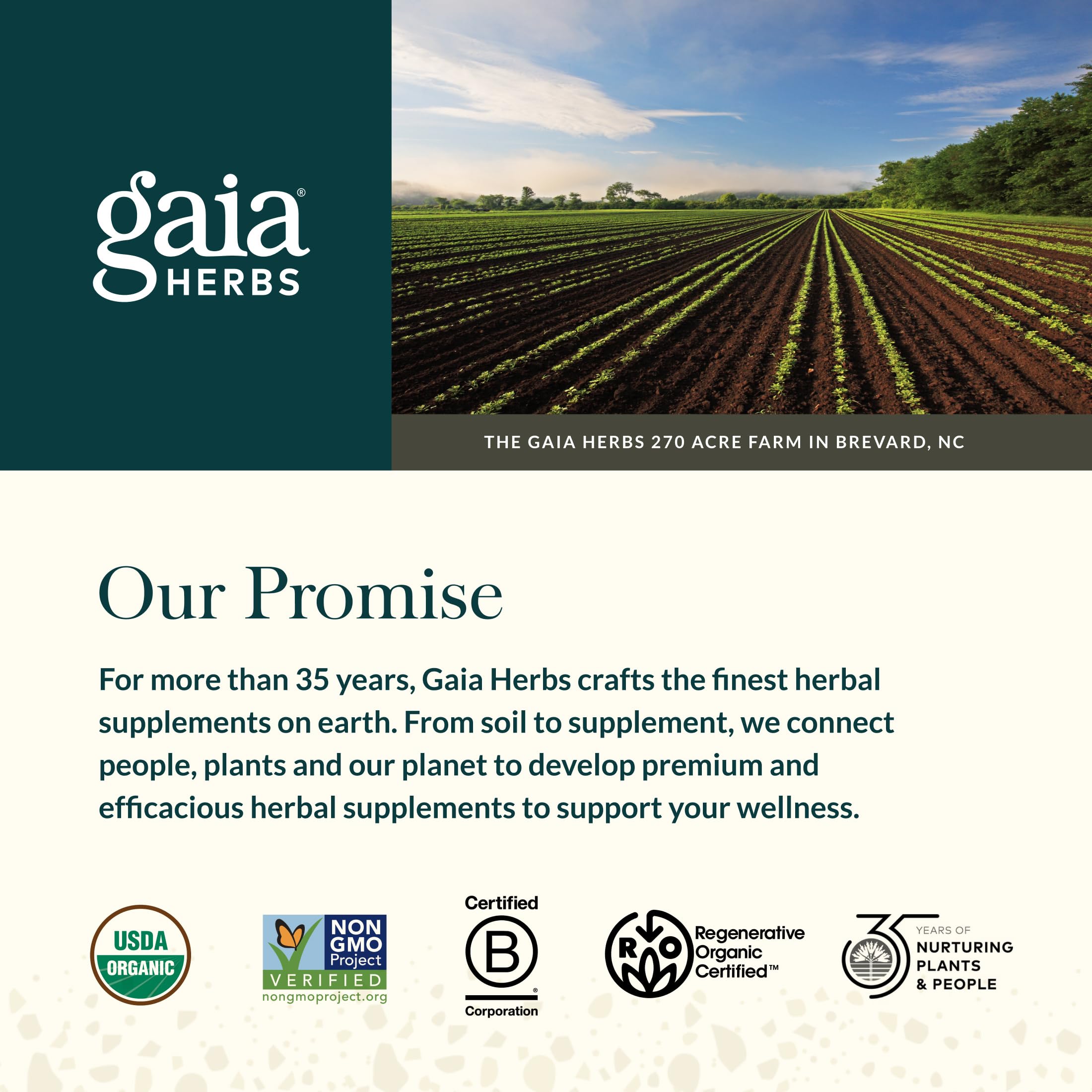 Gaia Herbs 35 years of herbal formulation experience text on packaging