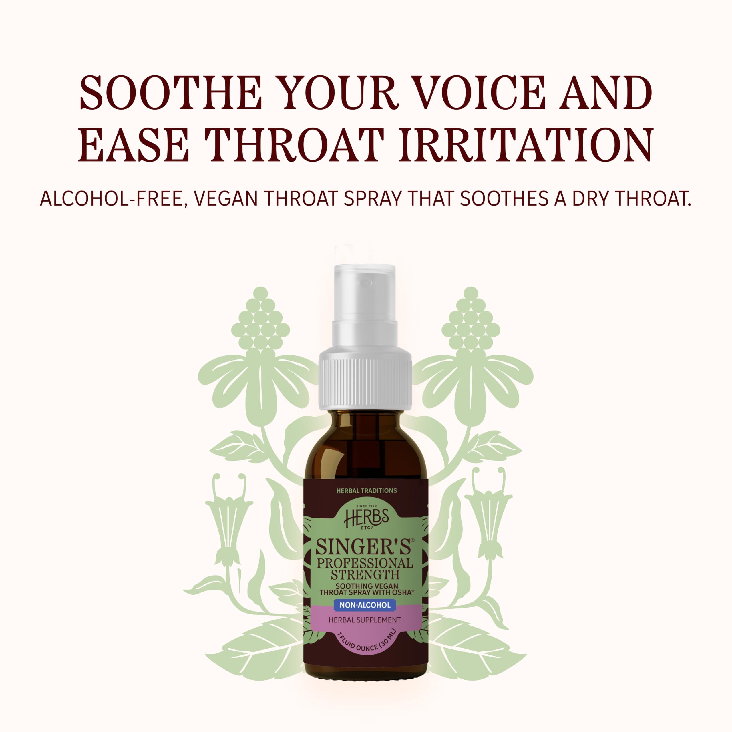 Plant-based gluten-free throat spray from Herbs Etc for singers