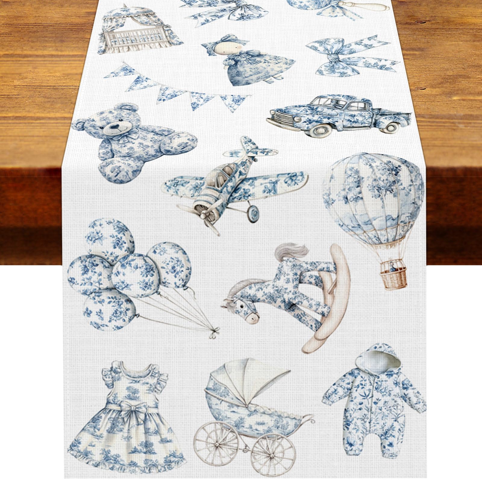Heyfary blue Toile de Jouy table runner for baby shower