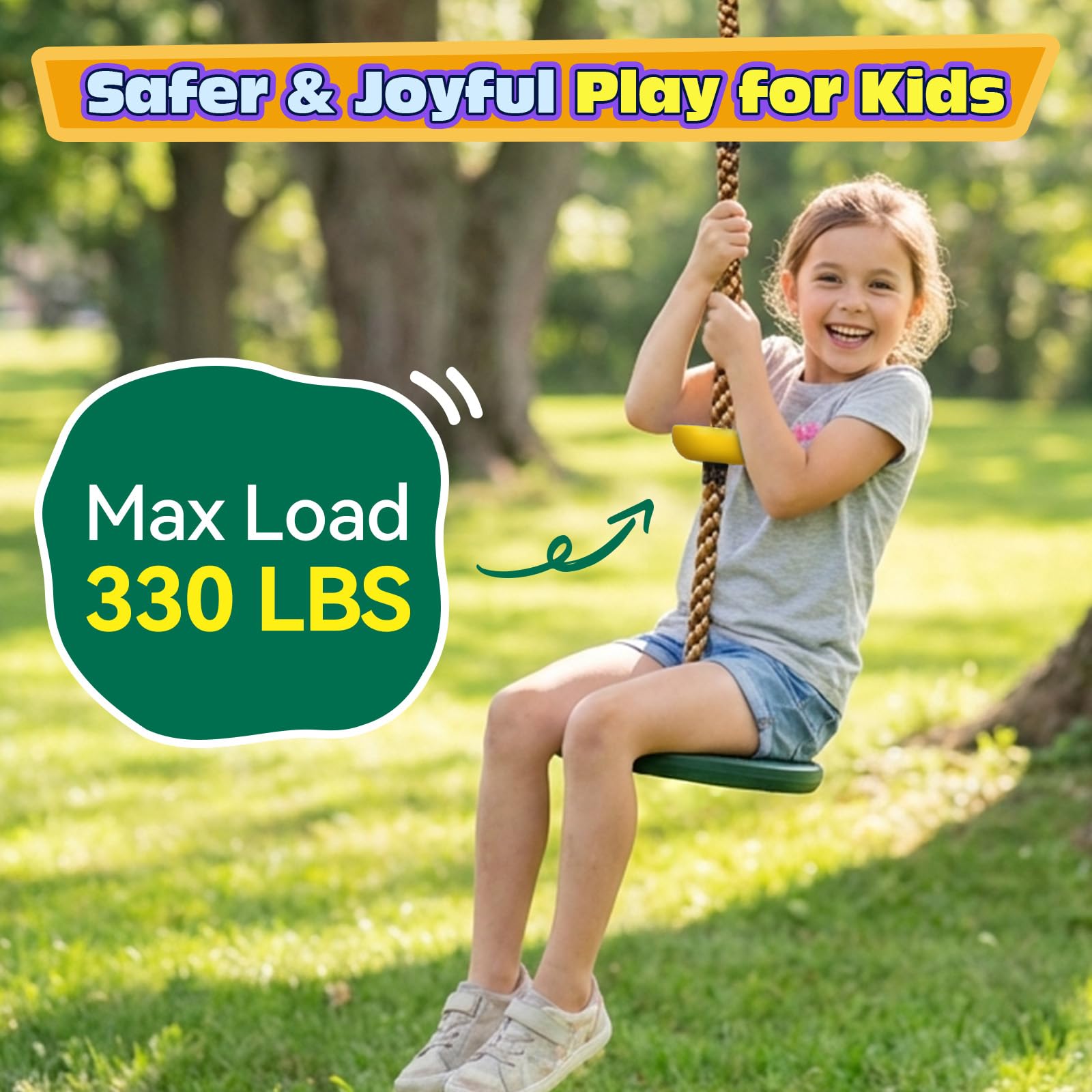 Large disc swing with climbing rope and carabiner