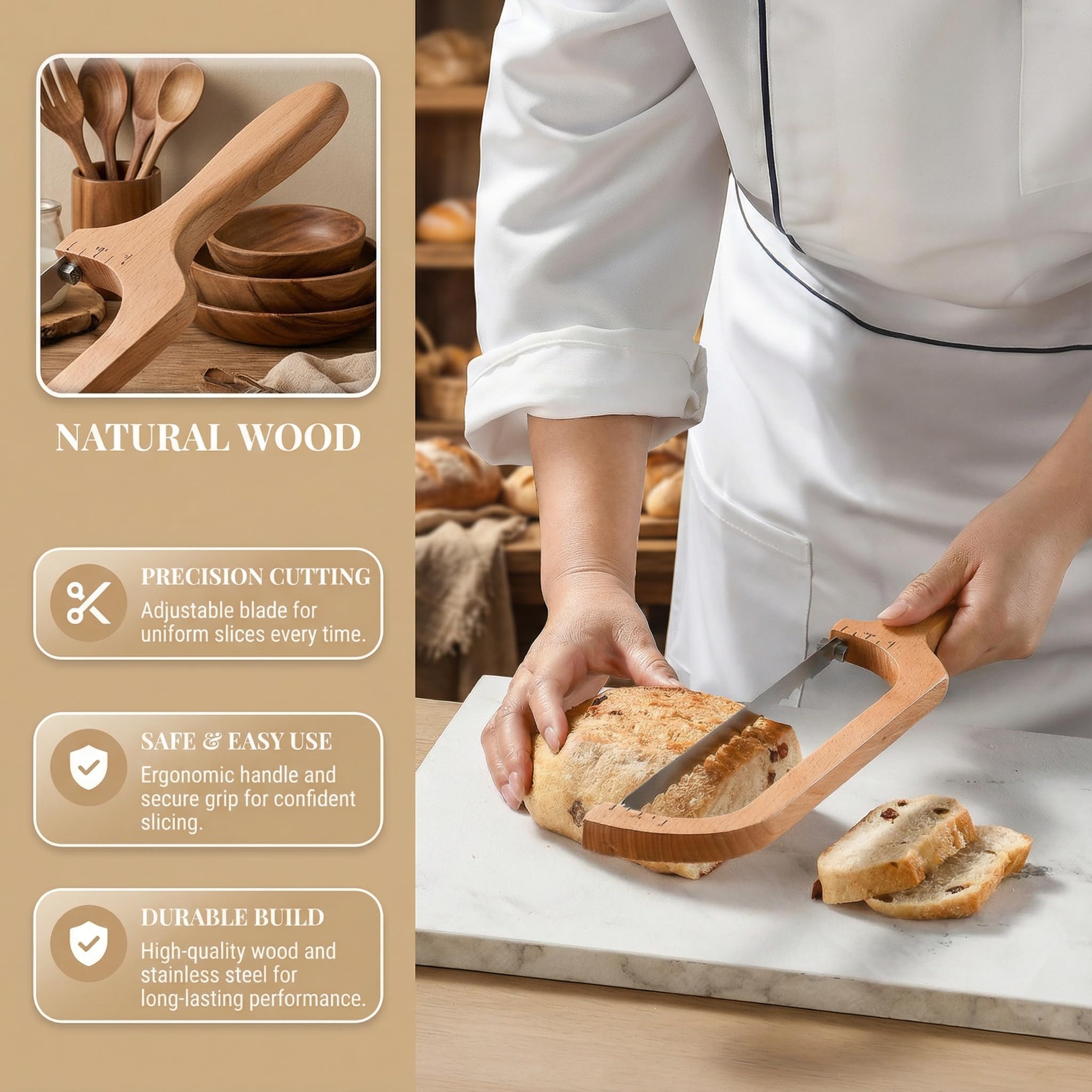 Bread knife with marked scales for consistent slices
