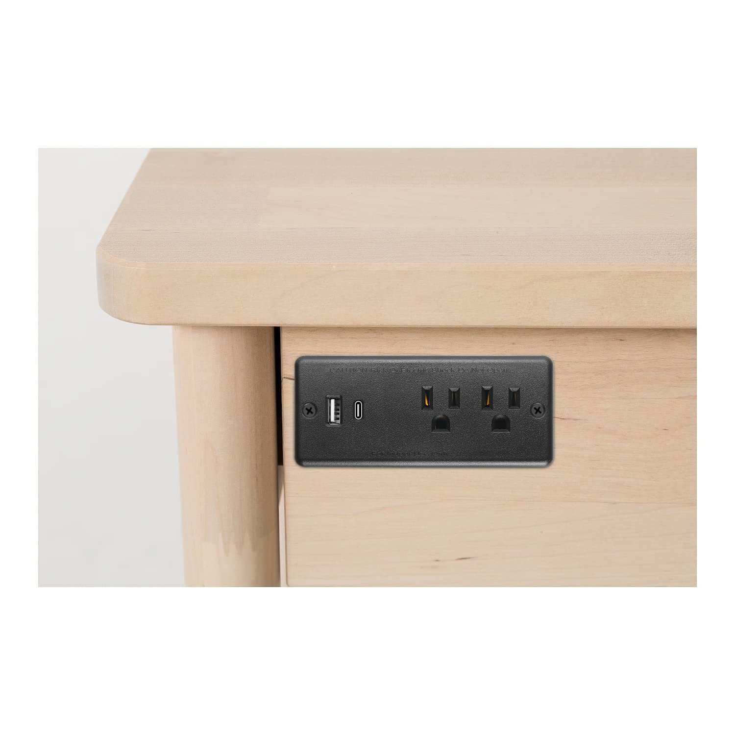Black under-desk recessed power strip mounted under furniture