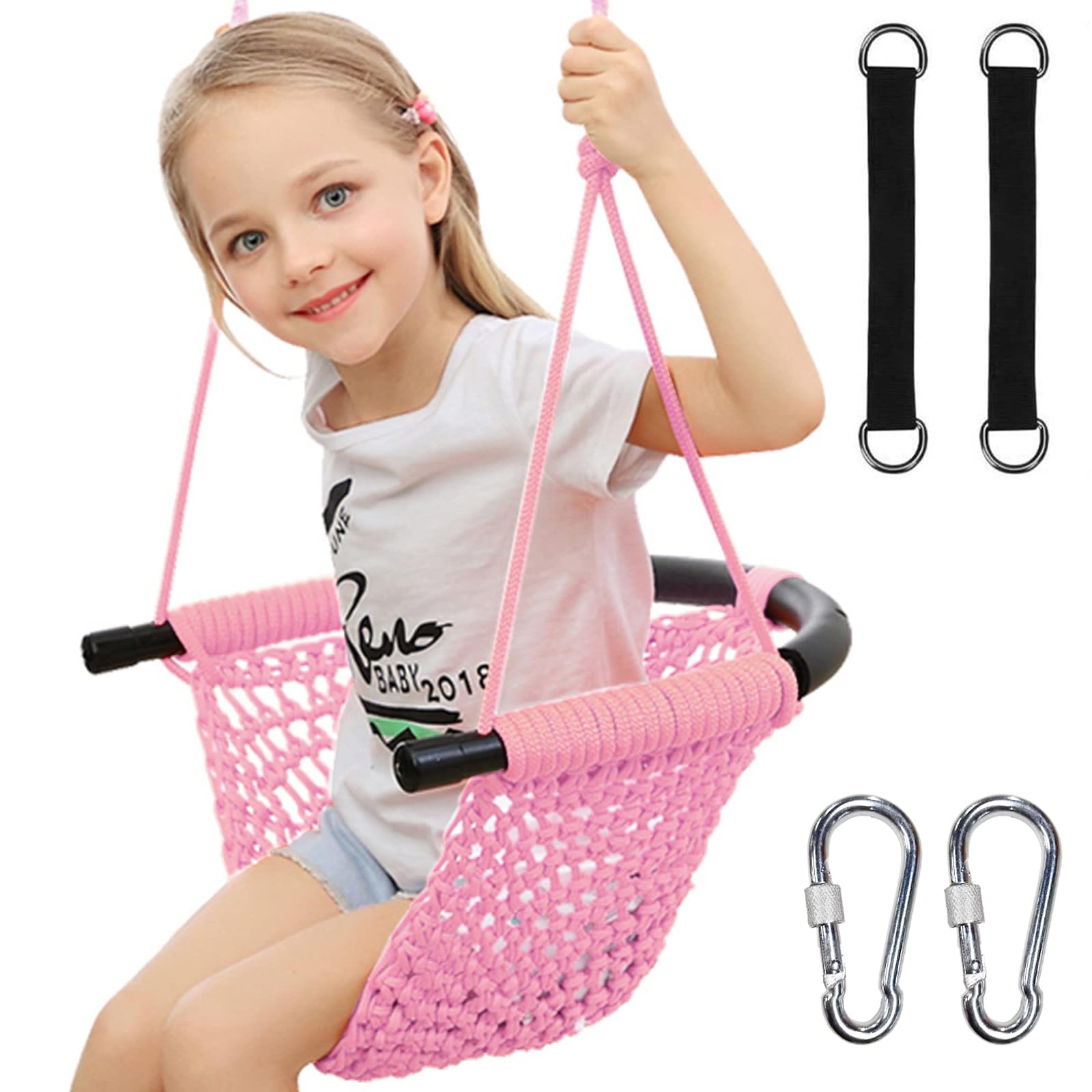 Hi-Na Tree Swing for Kids pink seat with rope and snap hooks