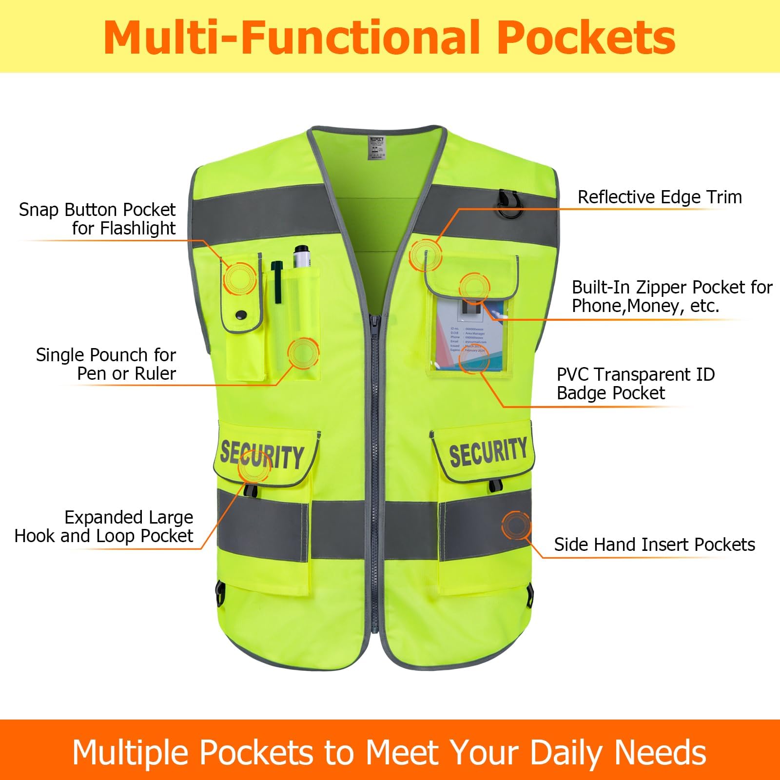9 pocket safety vest with built-in zipper pocket and D-rings