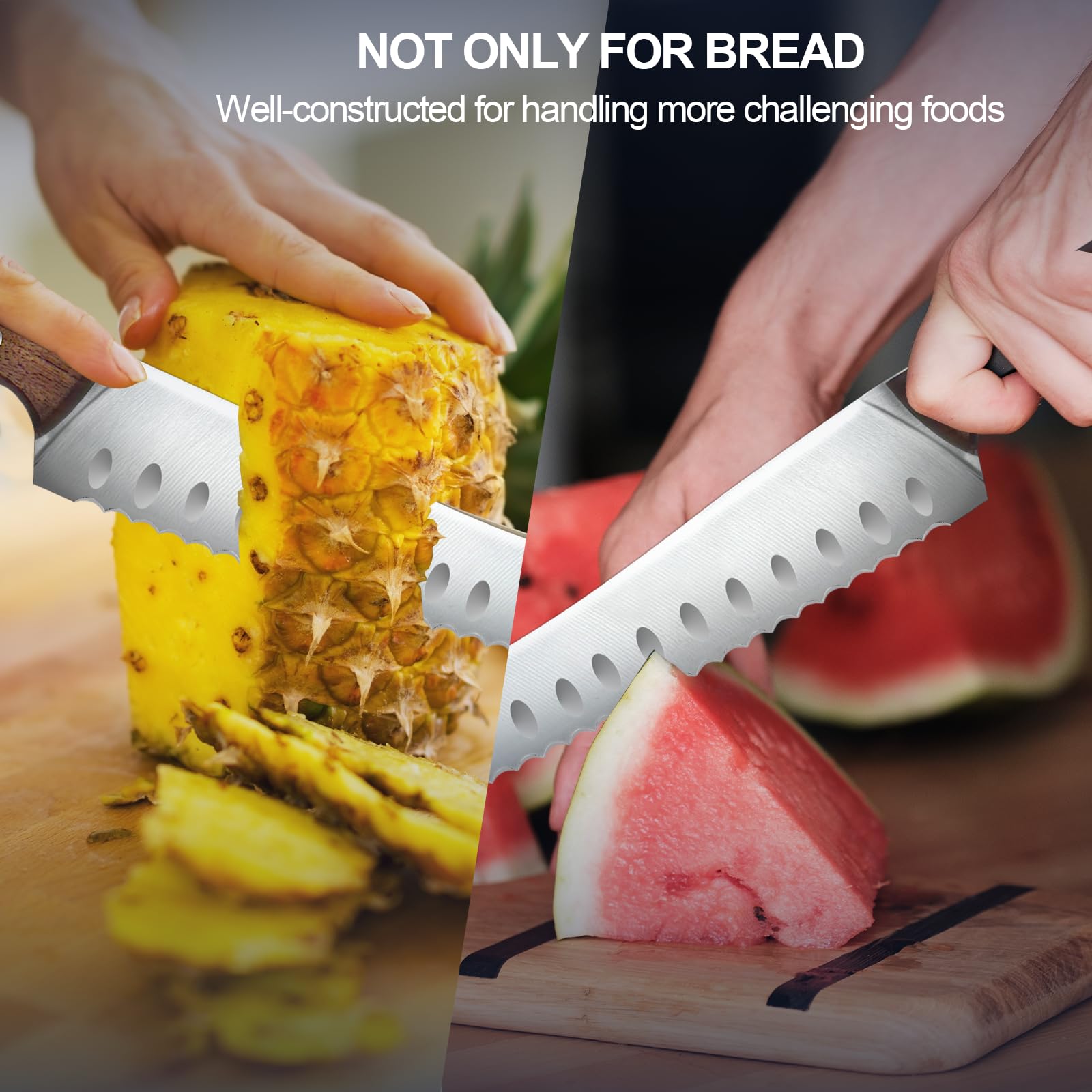 Product image showing serrated bread knife in use