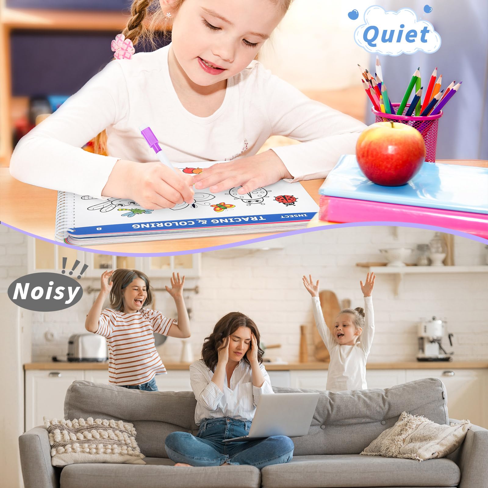 Erasable pages designed for reusable practice with color markers
