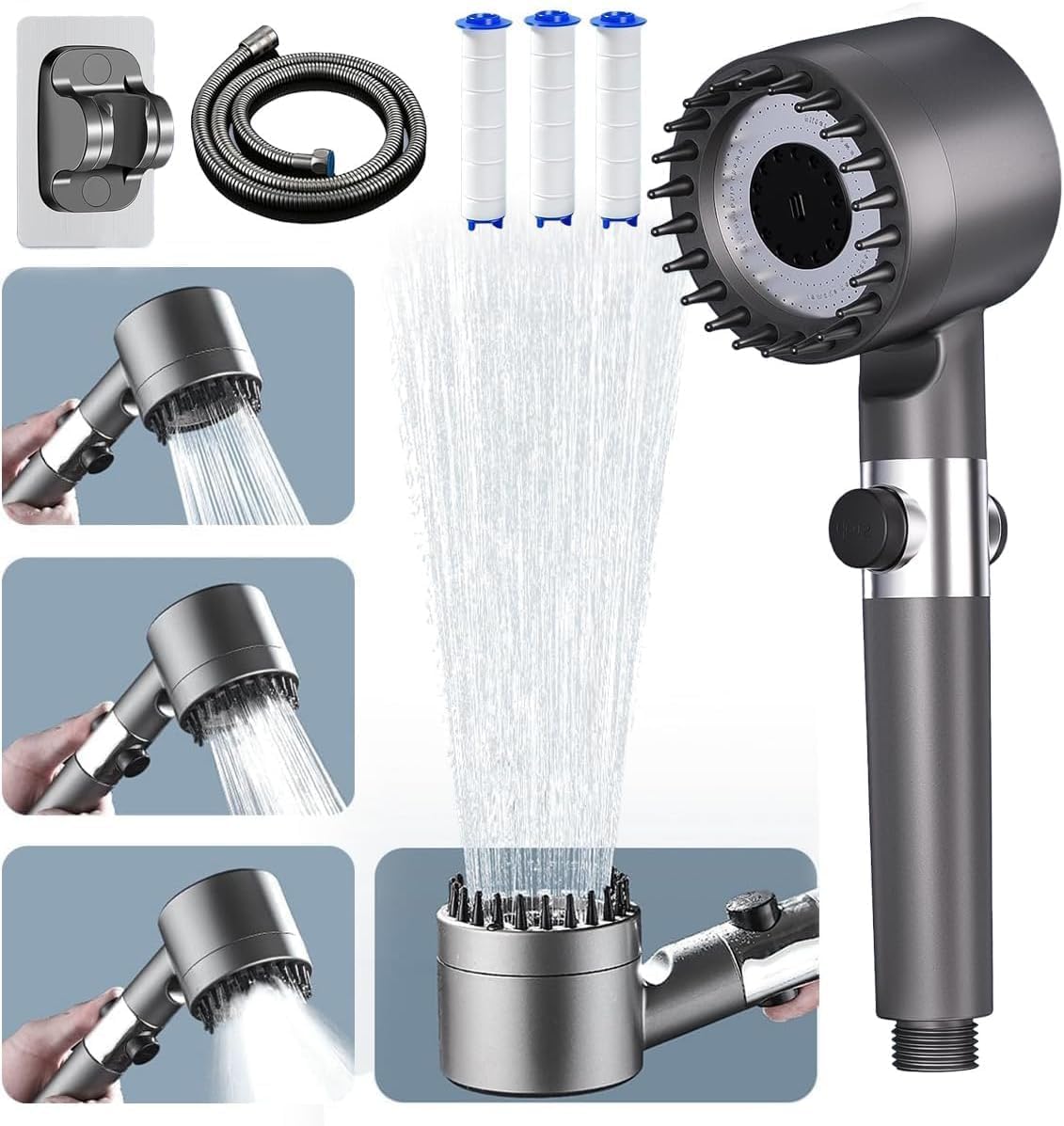 High pressure shower head with 59-inch hose and four modes