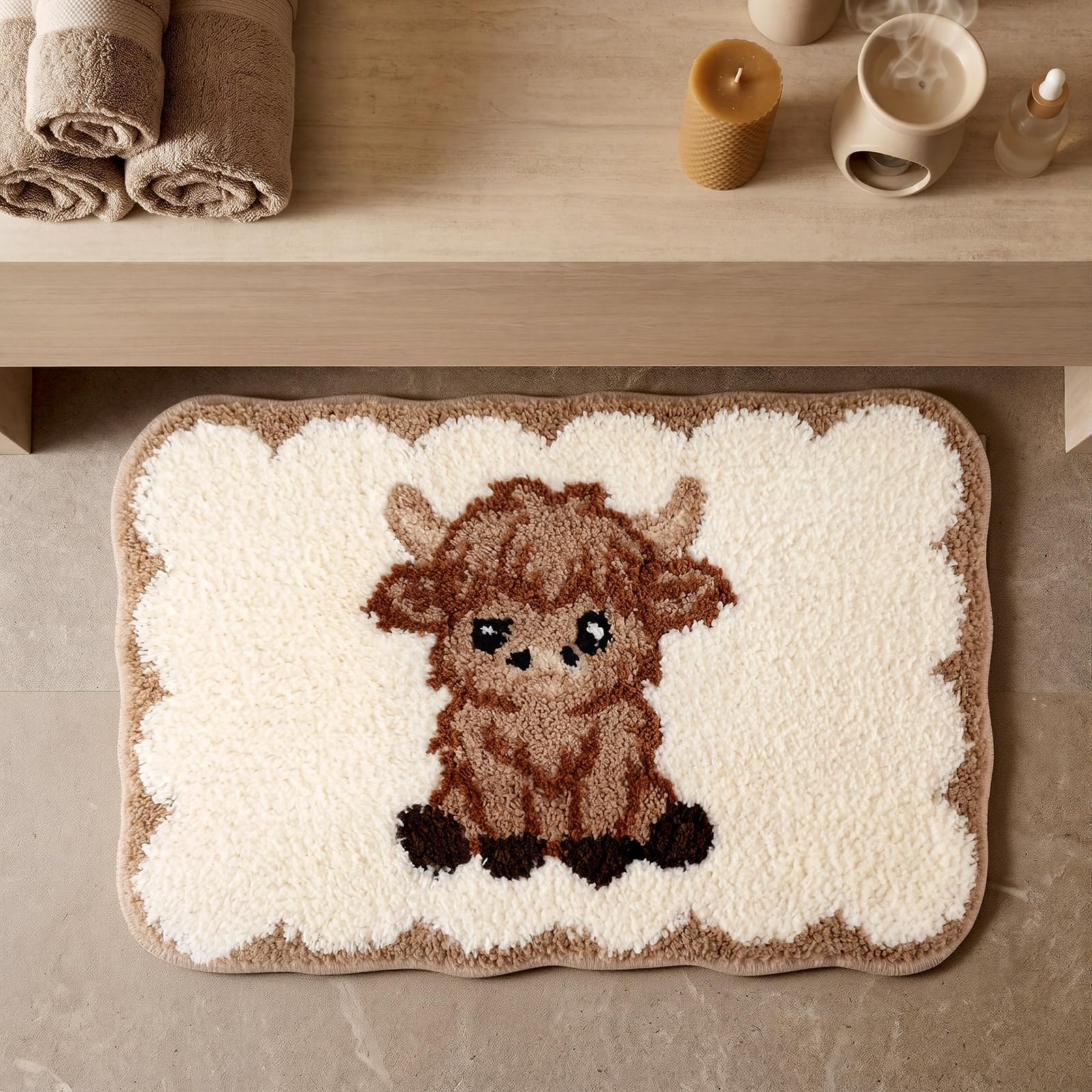Highland cow bathroom rug 24 x 16 inches brown white