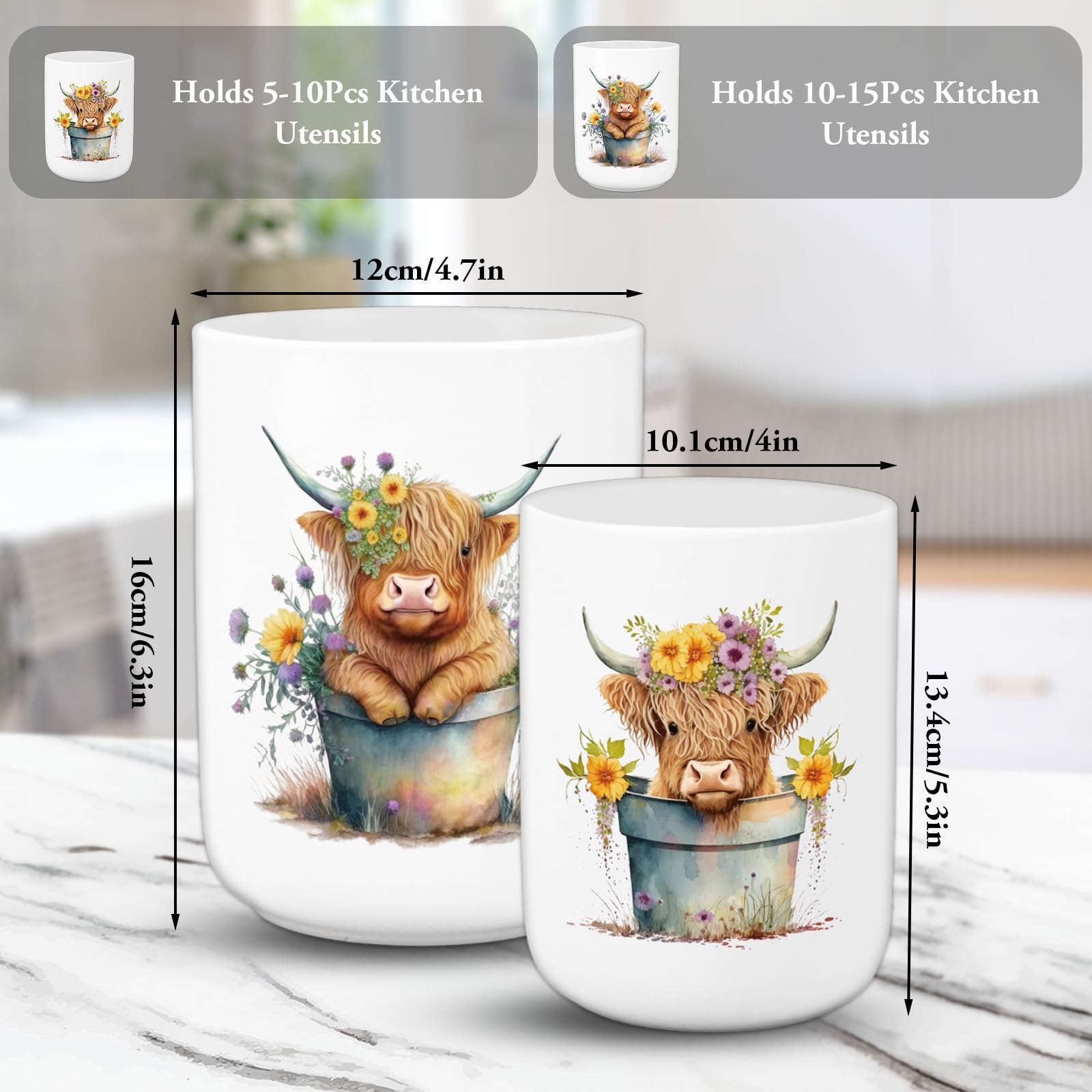 Highland cow ceramic utensil holder with rustic finish