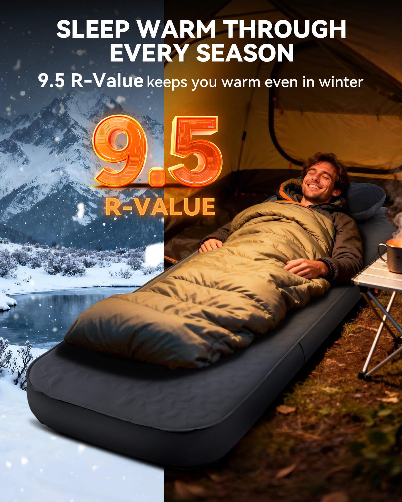 Hikenture sleeping pad with R-value 9.5 for year round use