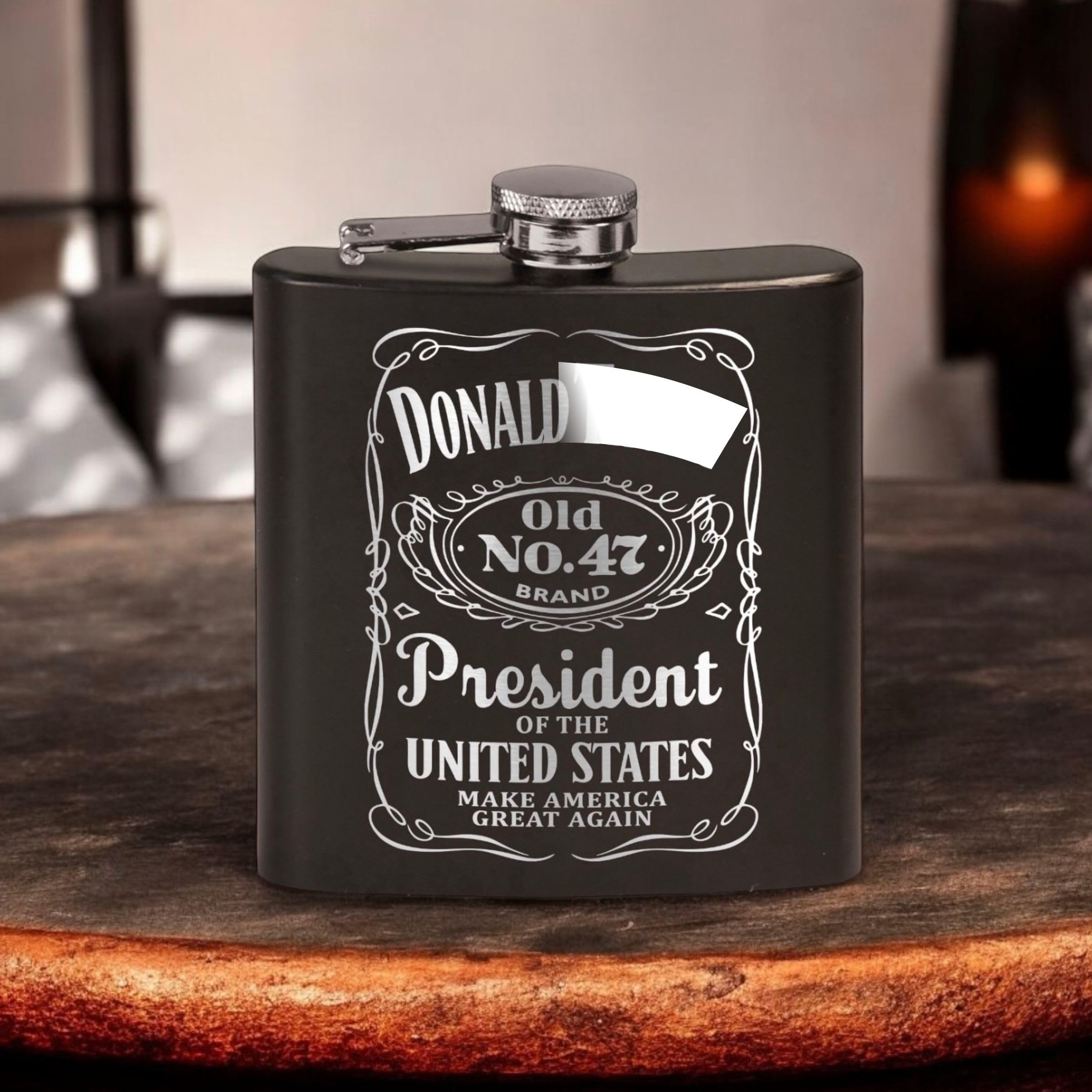 Laser etched design on Old No. 47 hip flask