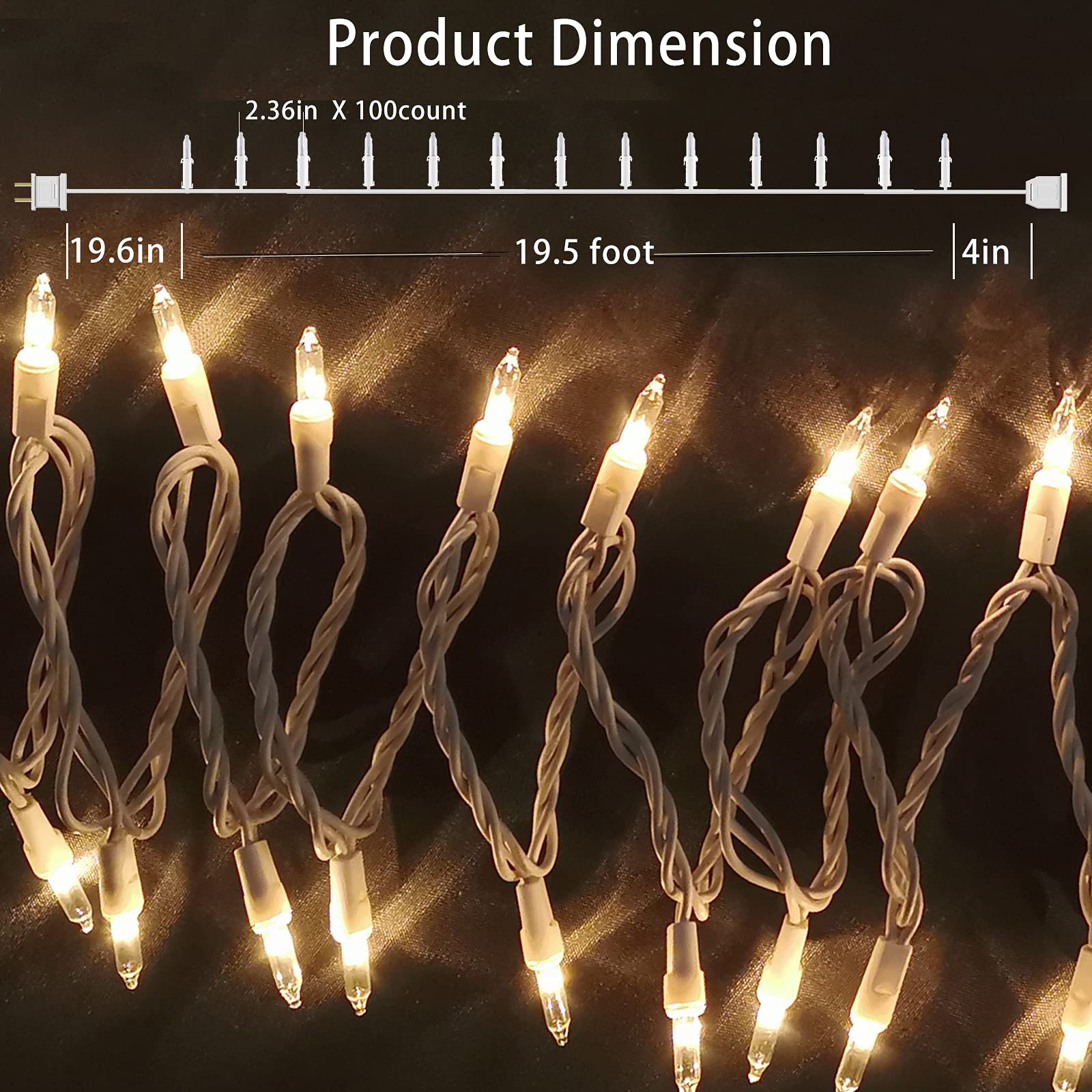 21feet total light length with 100 mini clear bulbs