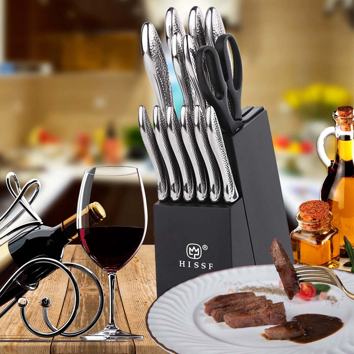 HISSF 4.5 inch serrated steak knives in block