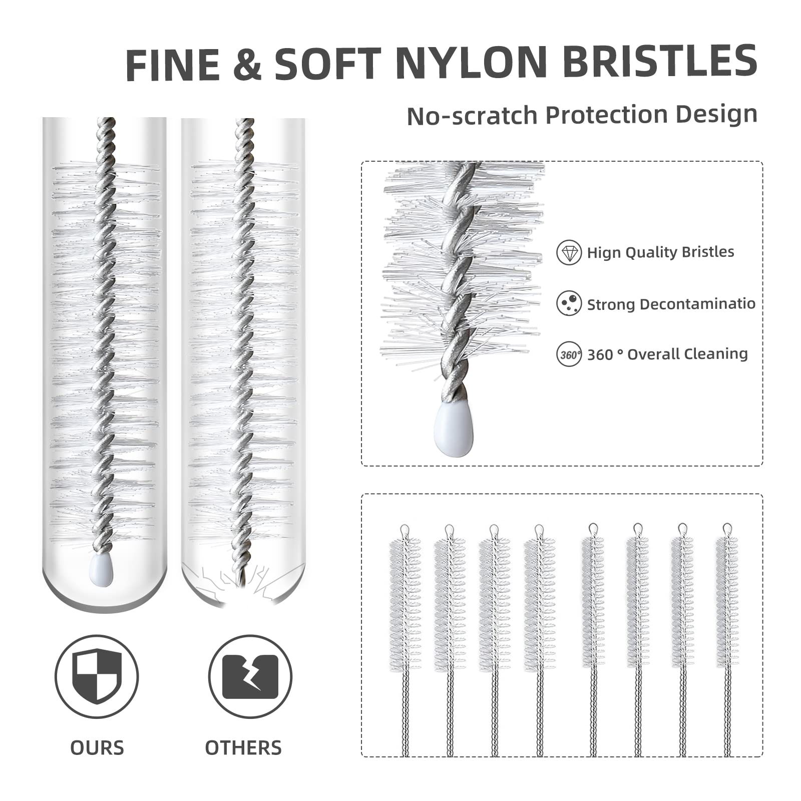 18-10 stainless steel straw brushes with nylon bristles