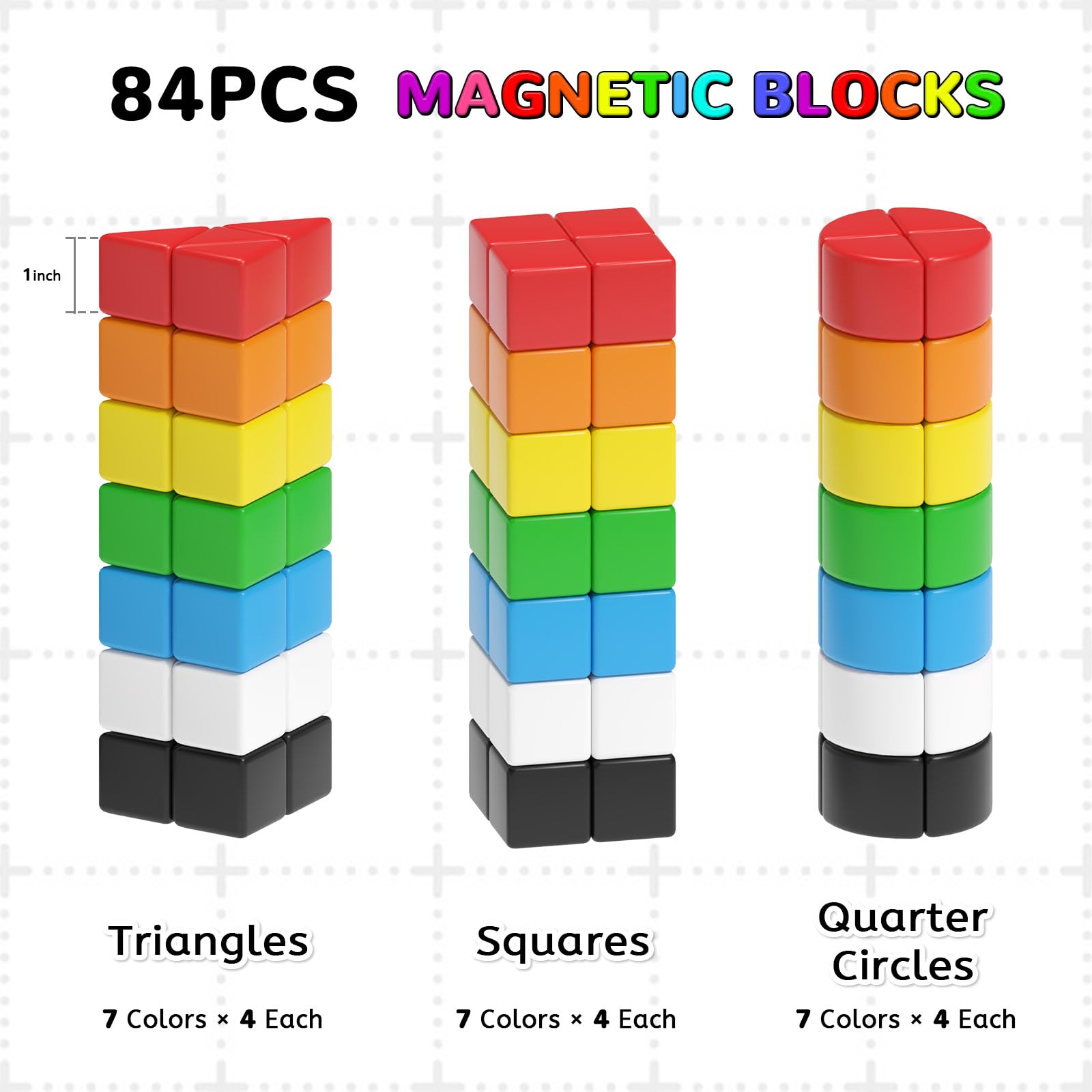 Rainbow triangles squares and quarter circles connected for creative play