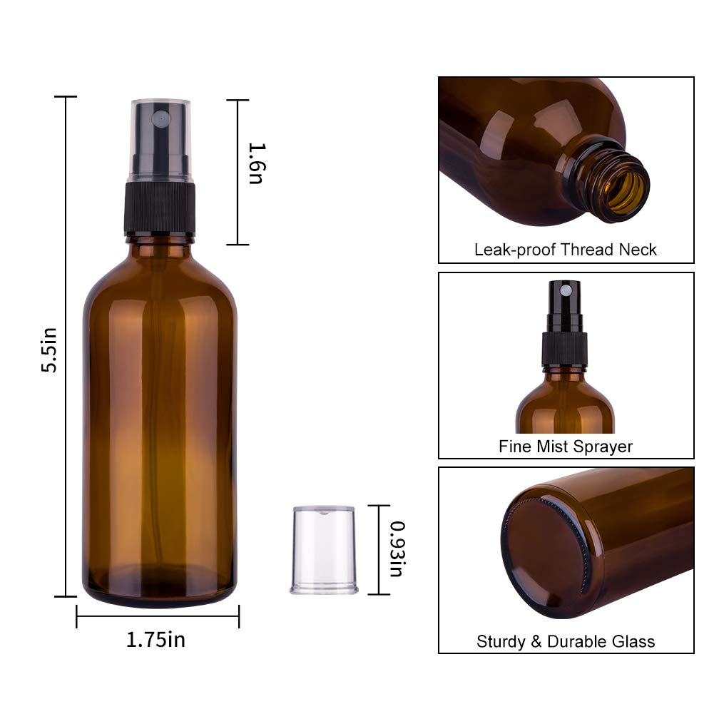 pack of 4 amber glass spray bottles with fine mist sprayers
