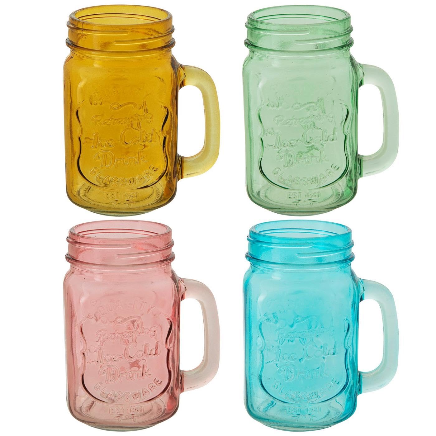 Hobby Lobby Retrowear Mason Jar Glass Mugs set of 4 in sunny yellow mint green soft pink ocean blue