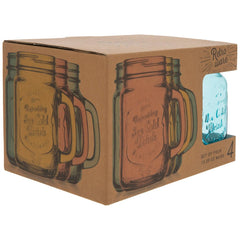 Four glass mason jar mugs with embossed detailing and sturdy handles from Hobby Lobby Retrowear