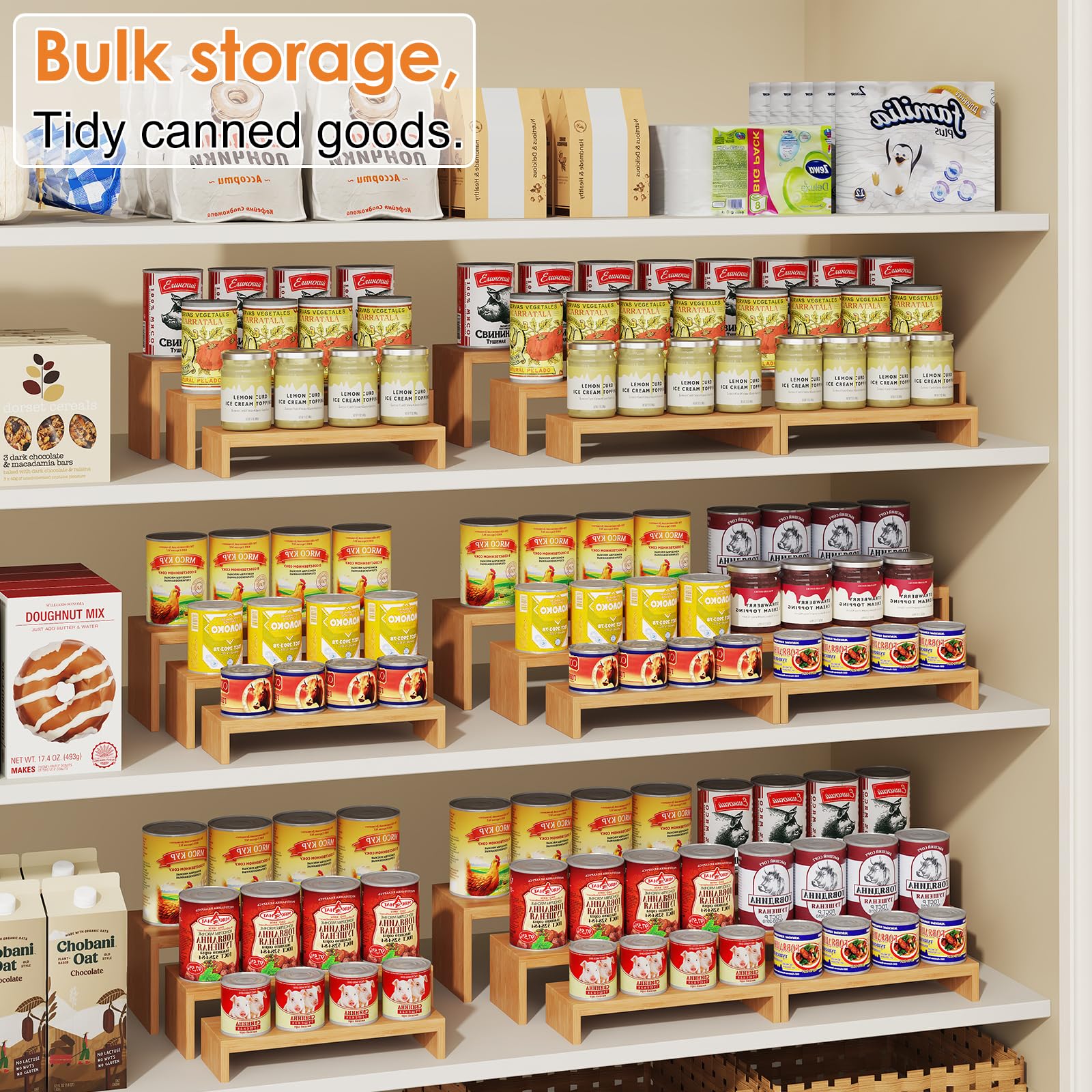 Natural bamboo finish storage rack for pantry and countertop