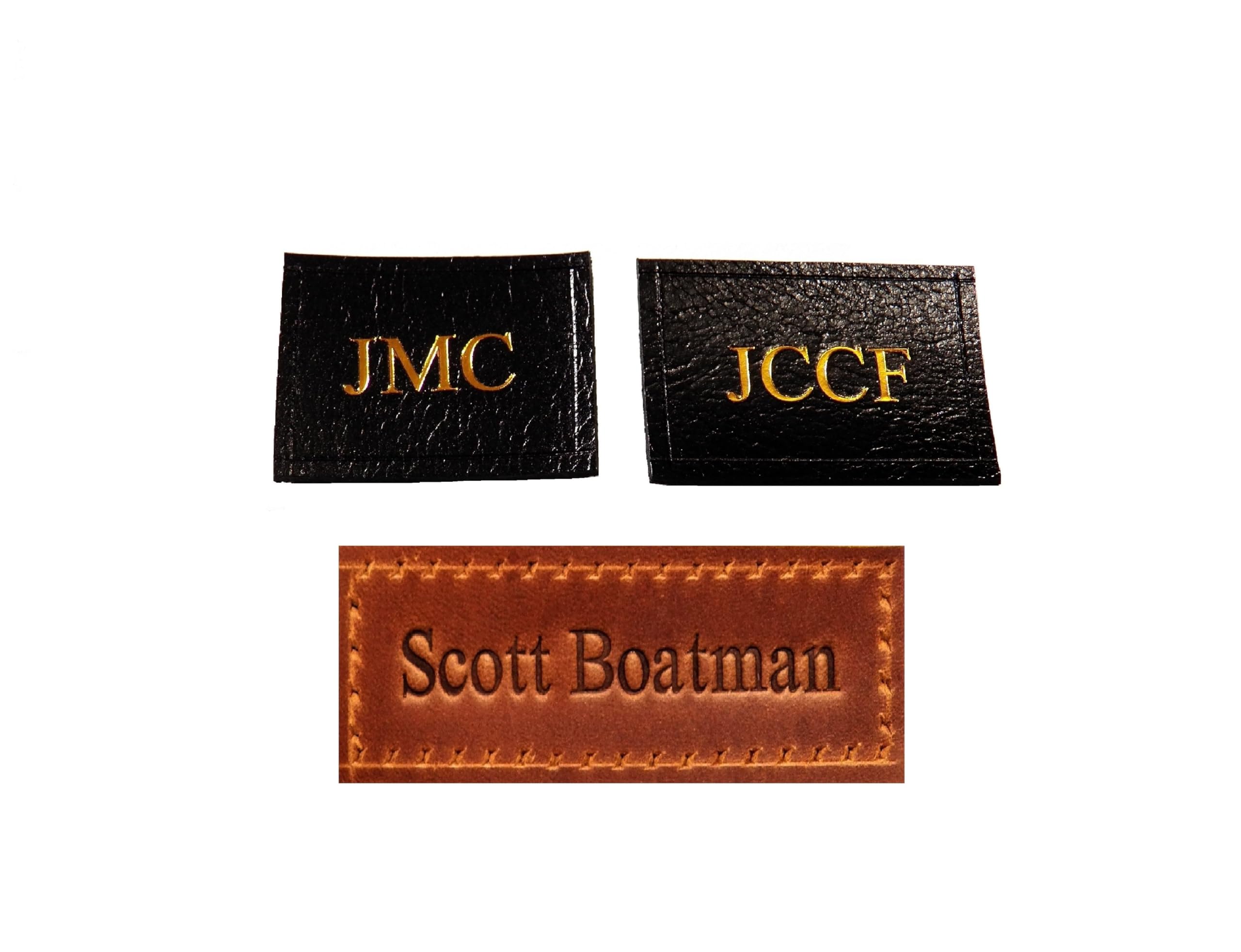 Embossed letters on leather name patch detail