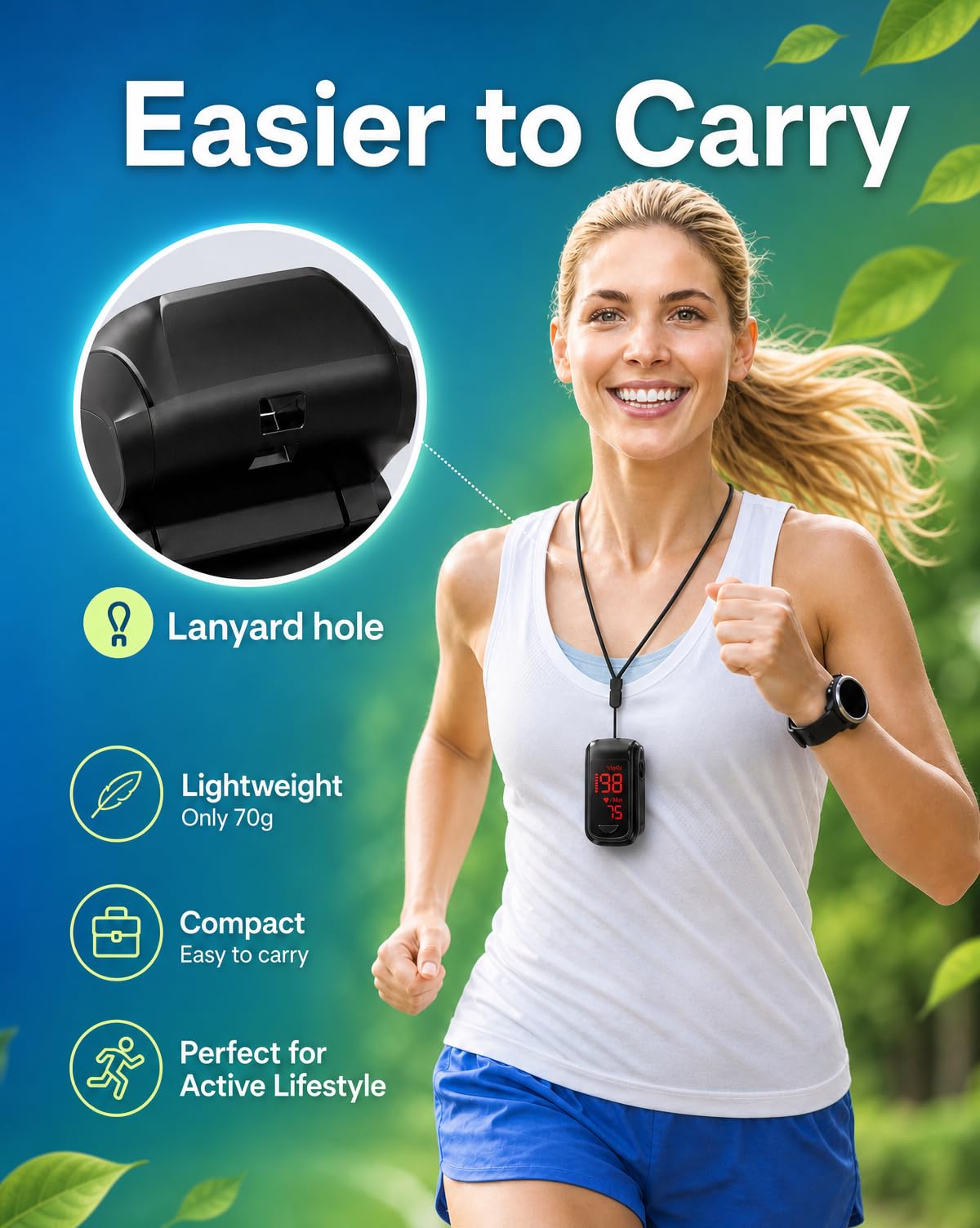 Included lanyard for HOLFENRY fingertip oximeter