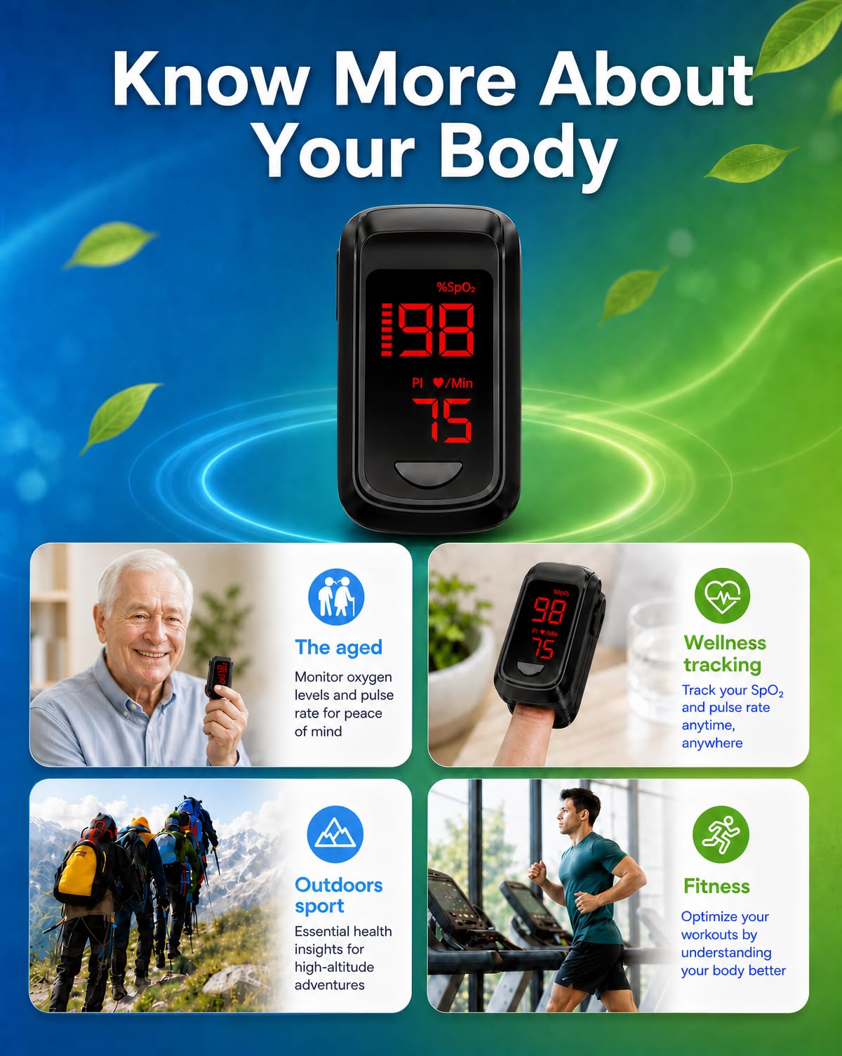 SpO2 and heart rate readings on HOLFENRY Fingertip oximeter