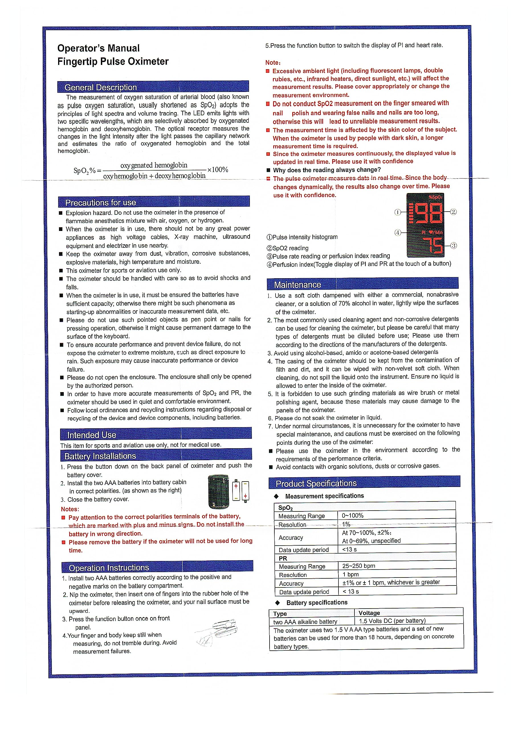 Sports and aviation use HOLFENRY fingertip oximeter not medical