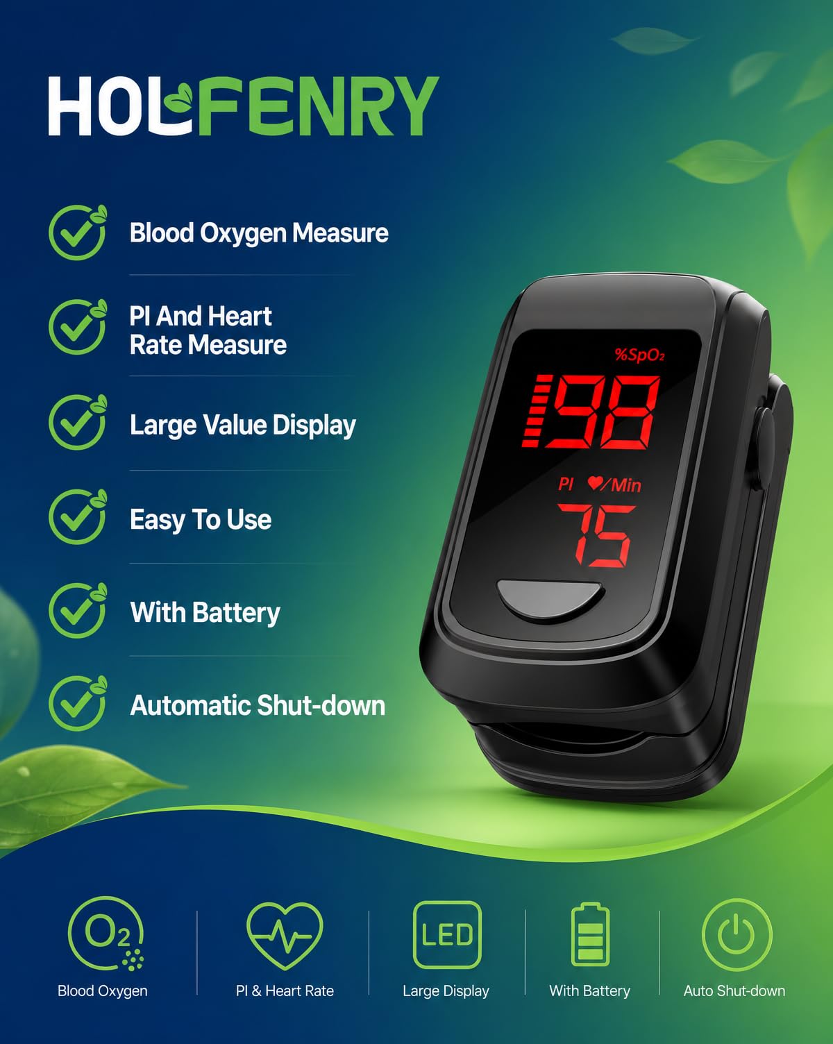 HOLFENRY Pulse Oximeter Fingertip large OLED display