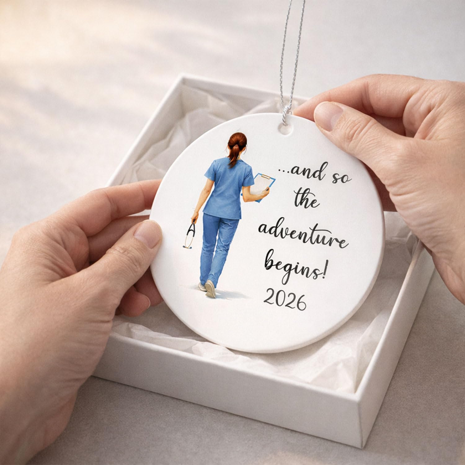 Holiday nurse ornament product image on tree