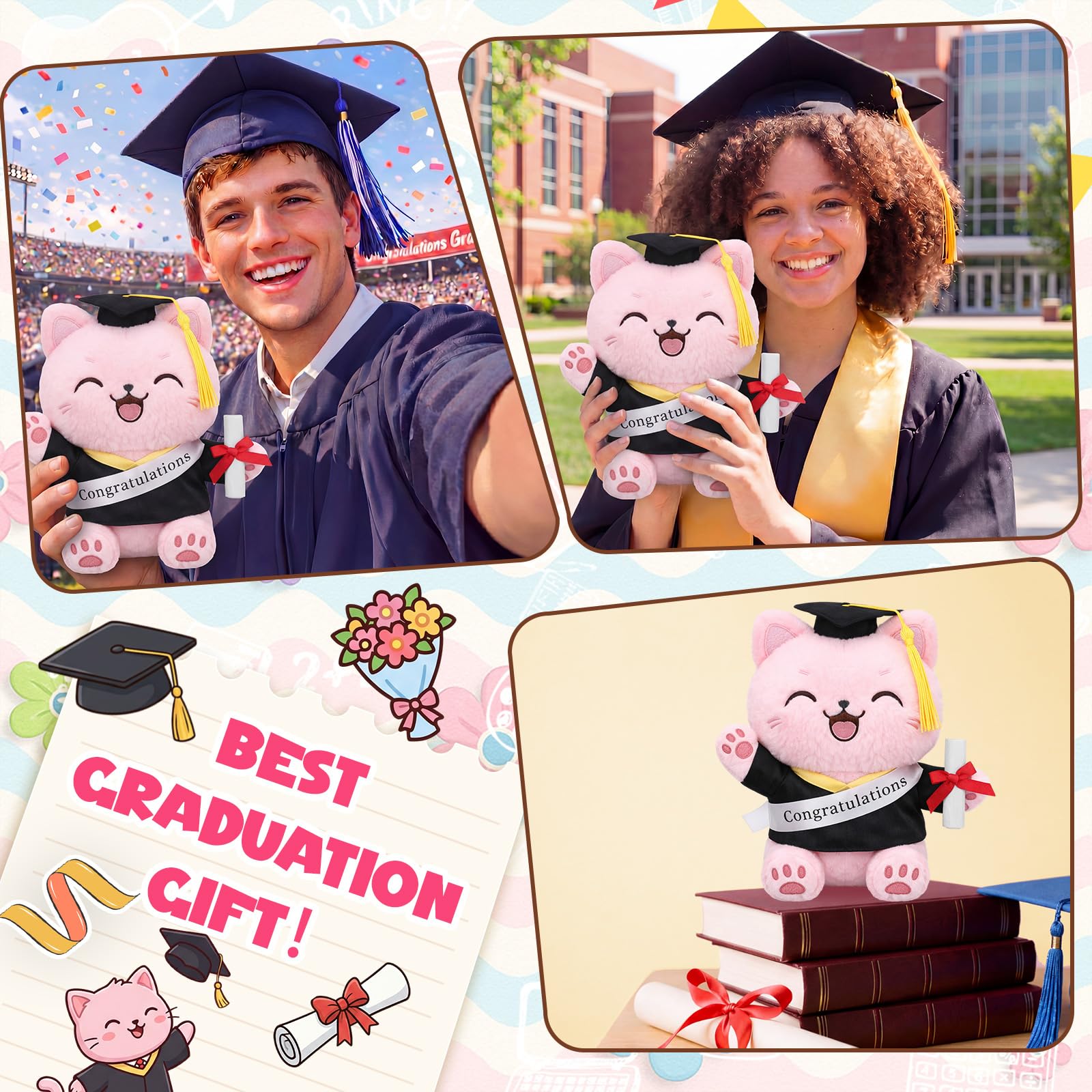 Hollowfly 2026 Graduation Pink Cat Plush Toy ribbon reading Congratulations