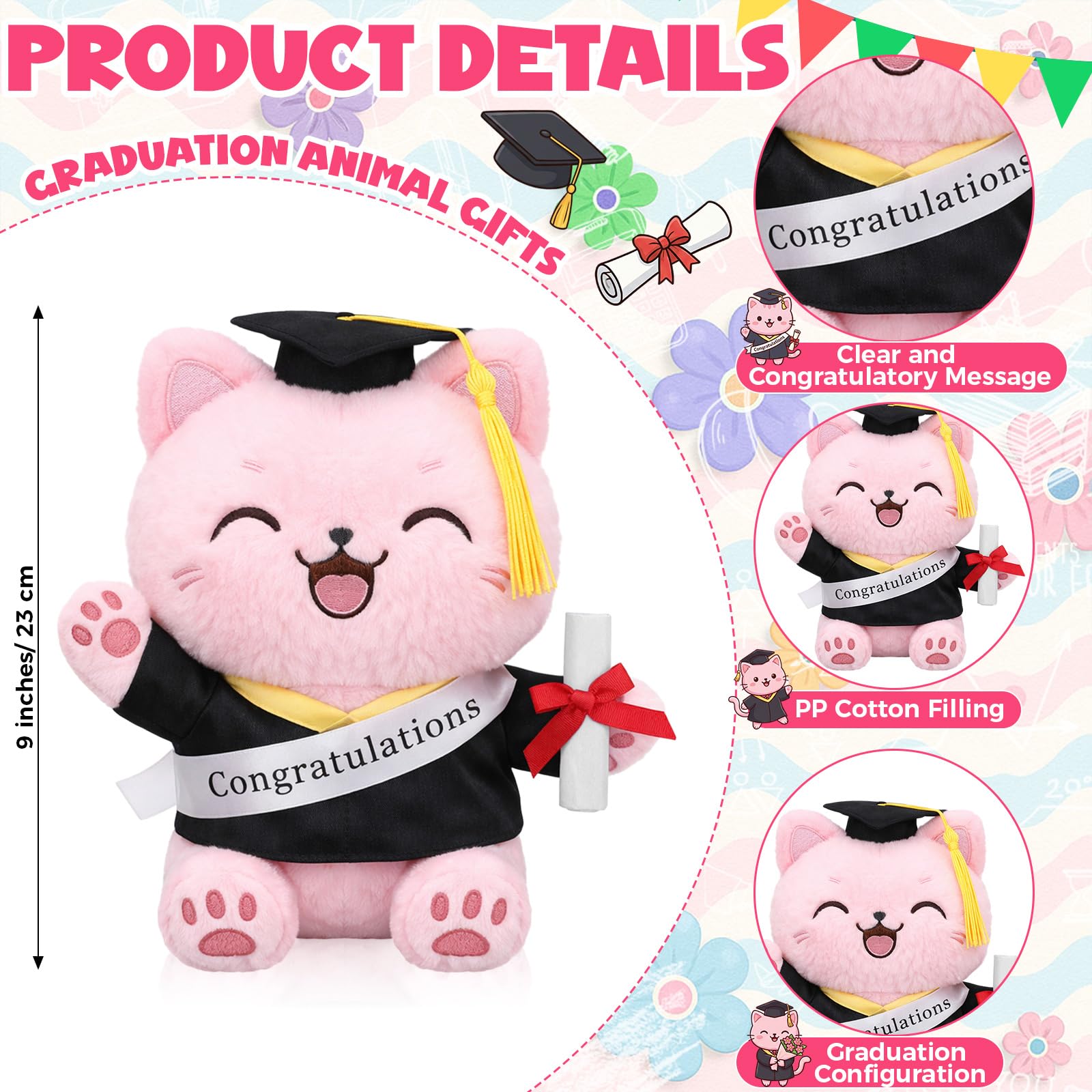 Hollowfly 2026 Graduation Pink Cat Plush Toy wearing black cap
