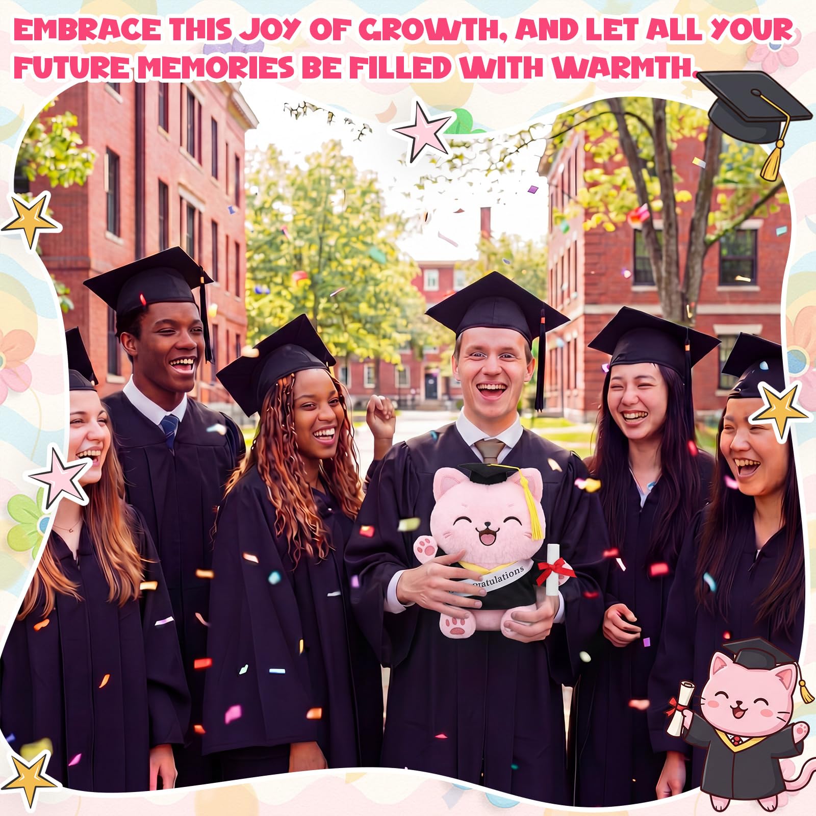 Hollowfly 2026 Graduation Pink Cat Plush Toy holding certificate