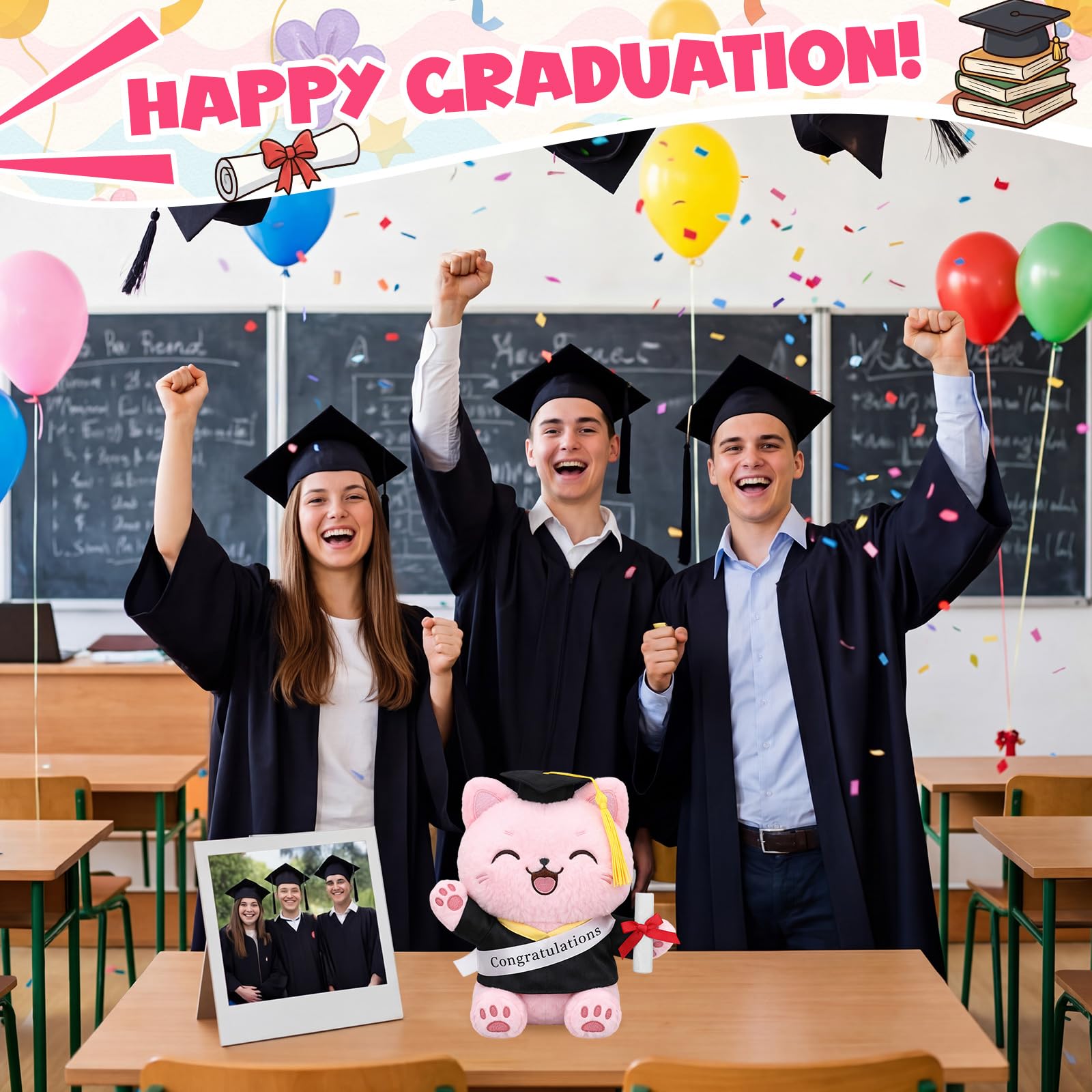 Hollowfly 2026 Graduation Pink Cat Plush Toy packaging and care note