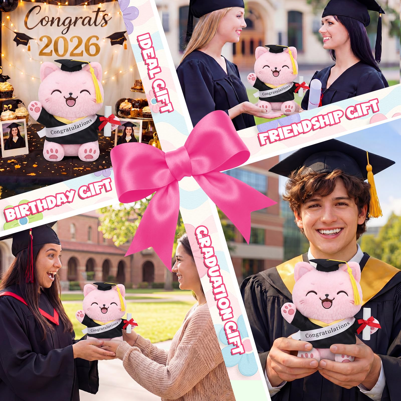 Hollowfly 2026 Graduation Pink Cat Plush Toy size 25 cm tall