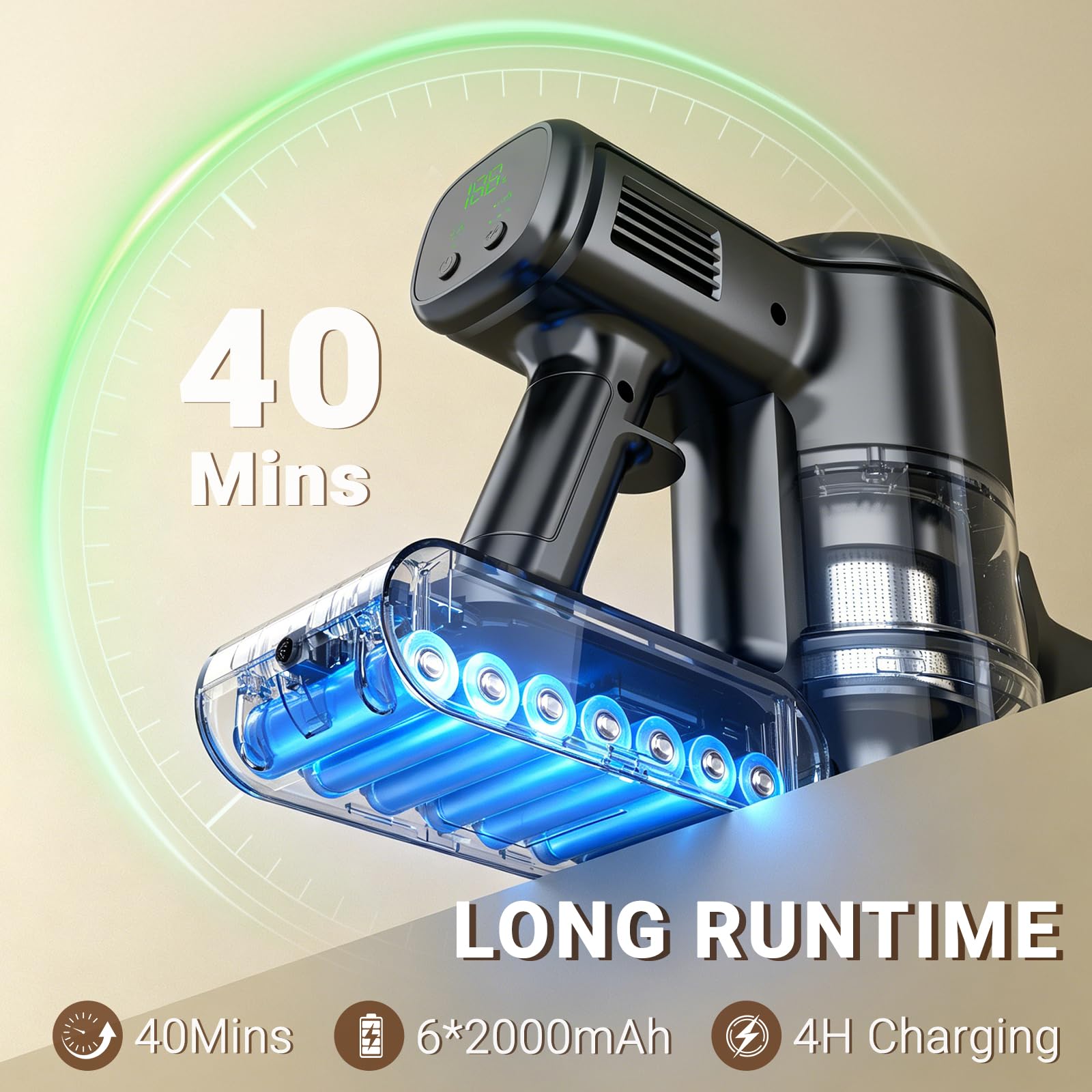 Detachable battery provides extended runtime on HOLOGO cordless vacuum cleaner