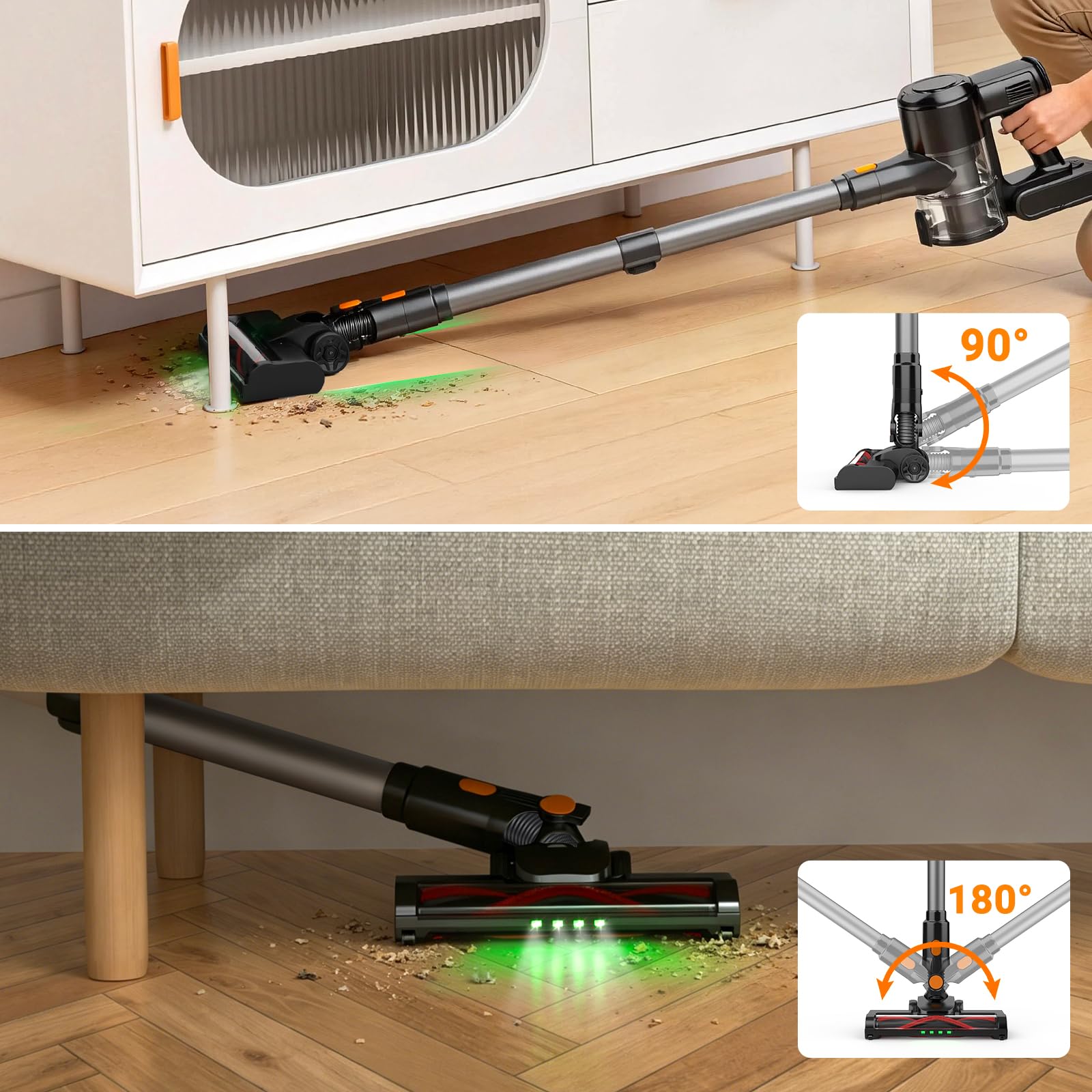 LED swivel head on HOLOGO cordless vacuum cleaner captures hidden dust