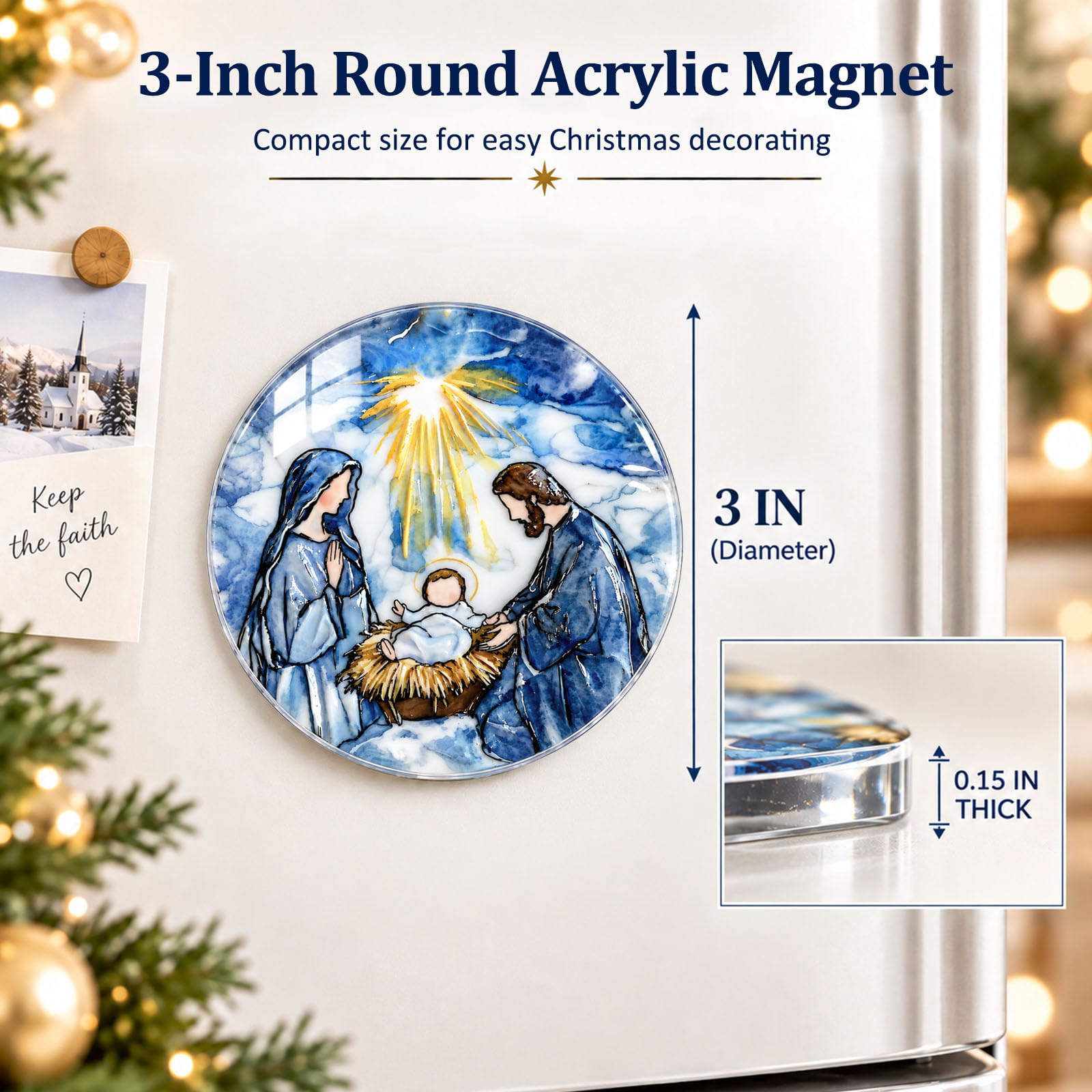 Nativity Scene Fridge Magnet Mary Joseph Baby Jesus on round acrylic