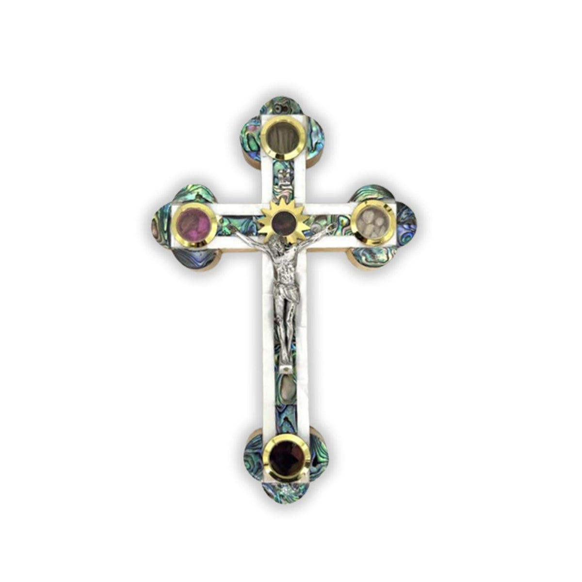 Holy Land Crucifix Wall Cross hand carved olive wood with mother of pearl