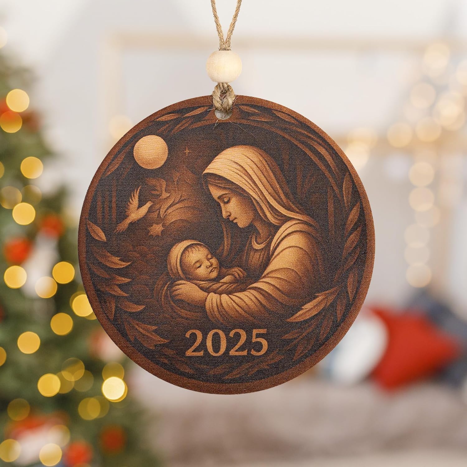 Holy Mother Mary holding Baby Jesus wooden ornament detail