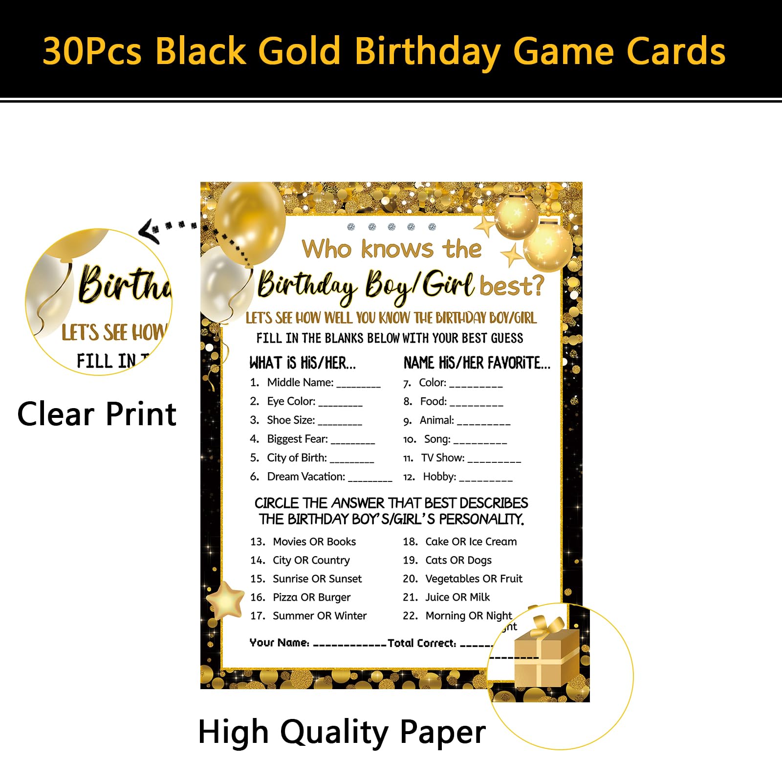 Black Gold themed birthday game cards double-sided design