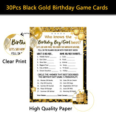 Black Gold themed birthday game cards double-sided design